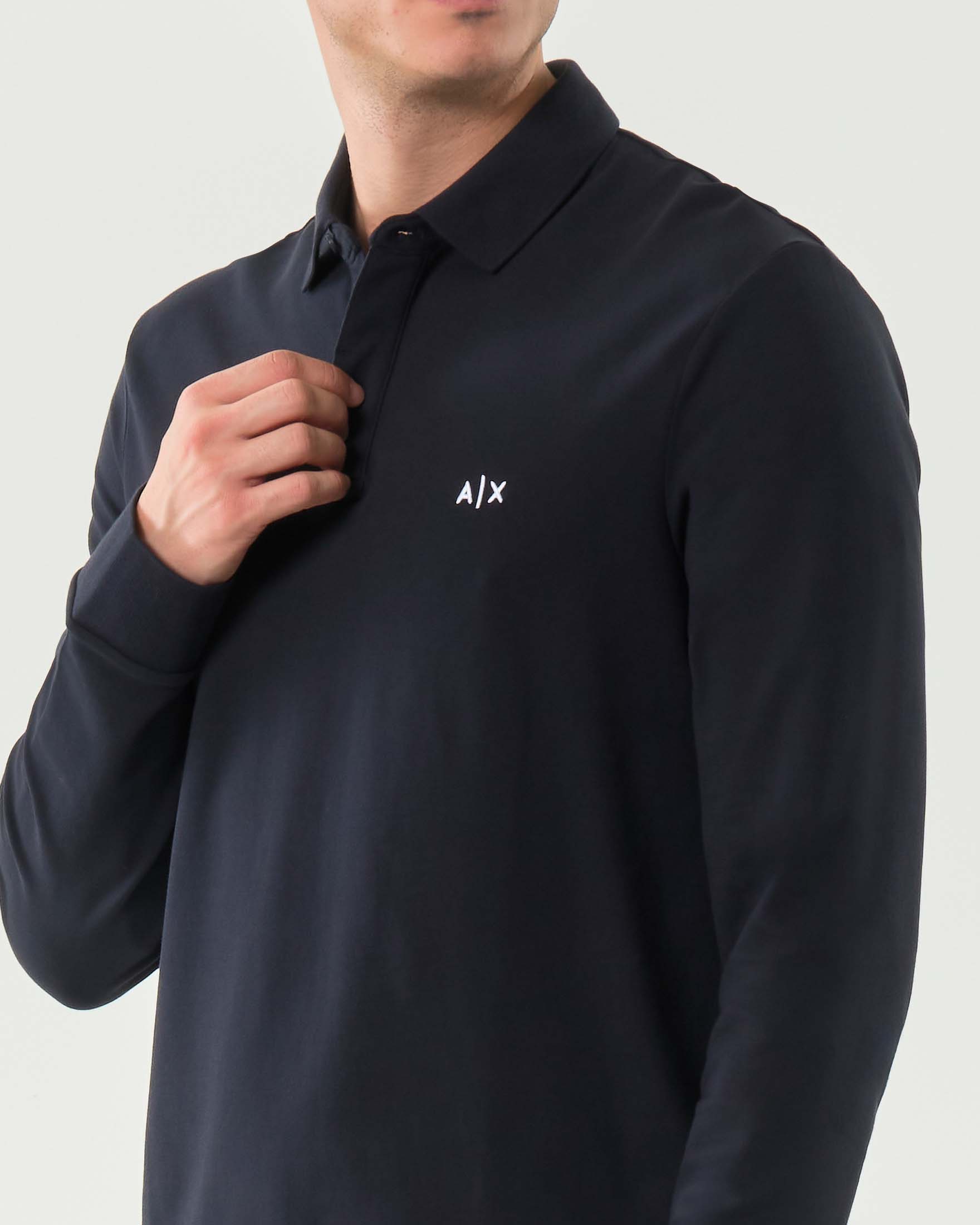 Polo manica lunga Armani Exchange blu in cotone stretch con logo AX sul petto image