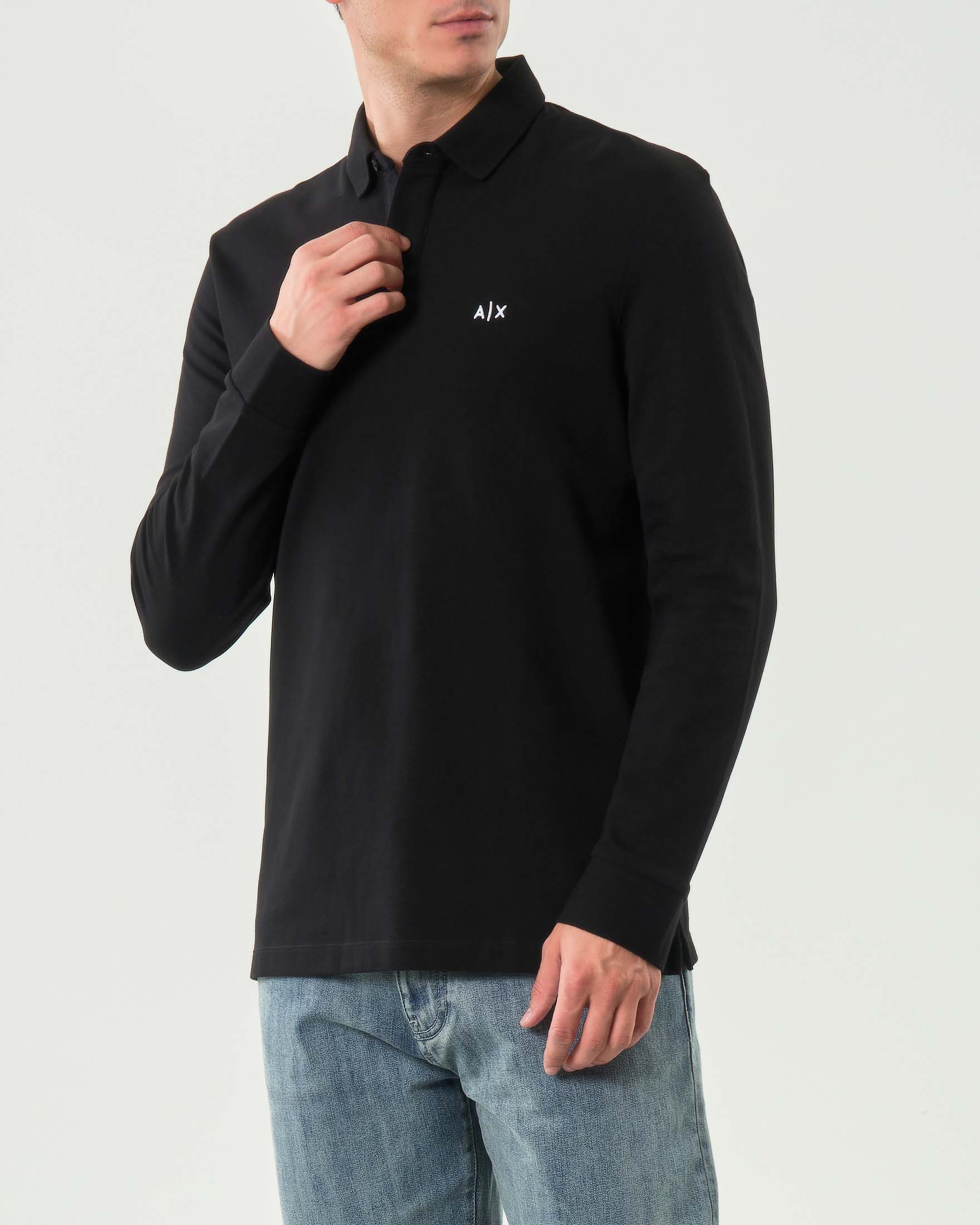 Polo manica lunga Exchange nera in cotone stretch con logo AX sul petto