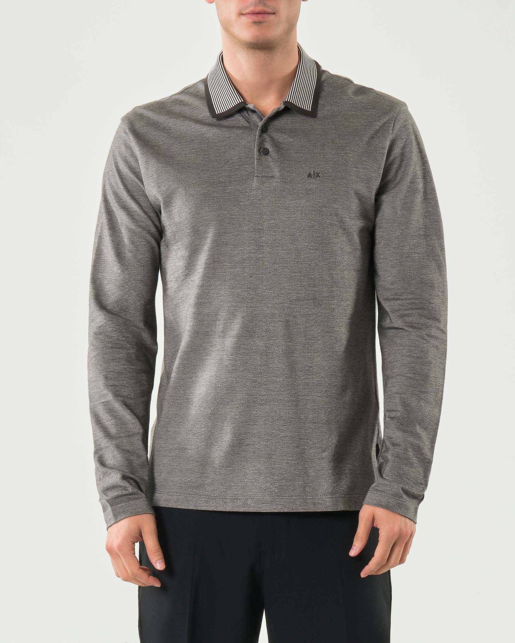 Polo manica lunga Armani Exchange marrone melange in puro cotone con colletto a righe