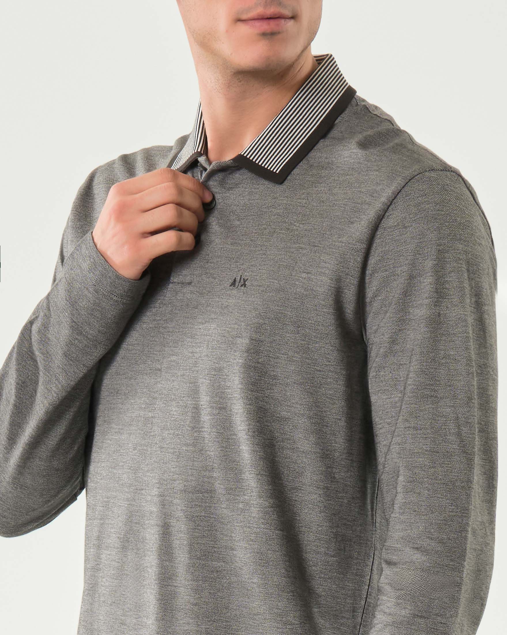 Polo manica lunga Armani Exchange marrone melange in puro cotone con colletto a righe image