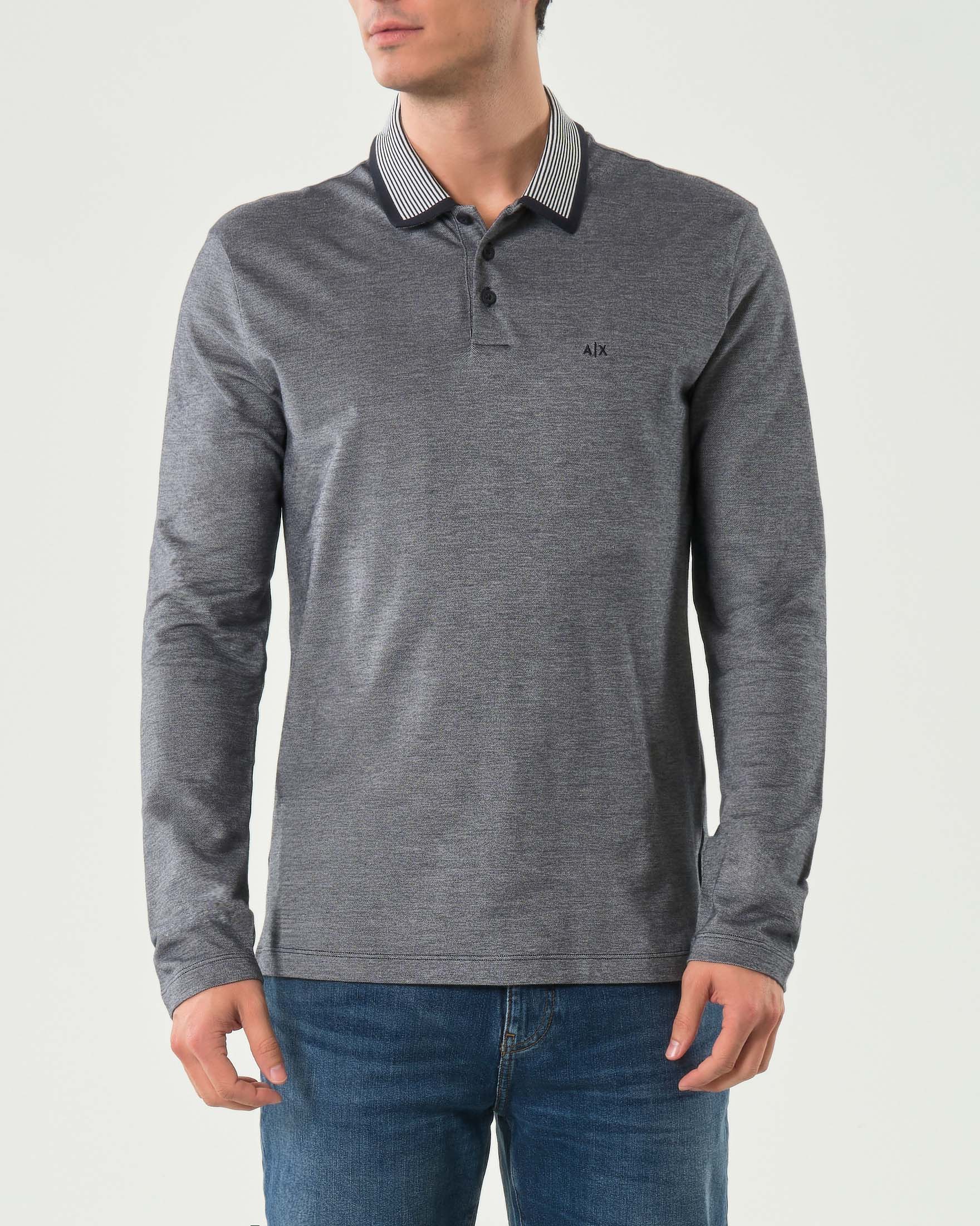 Polo manica lunga Armani Exchange blu melange in puro cotone con colletto a righe