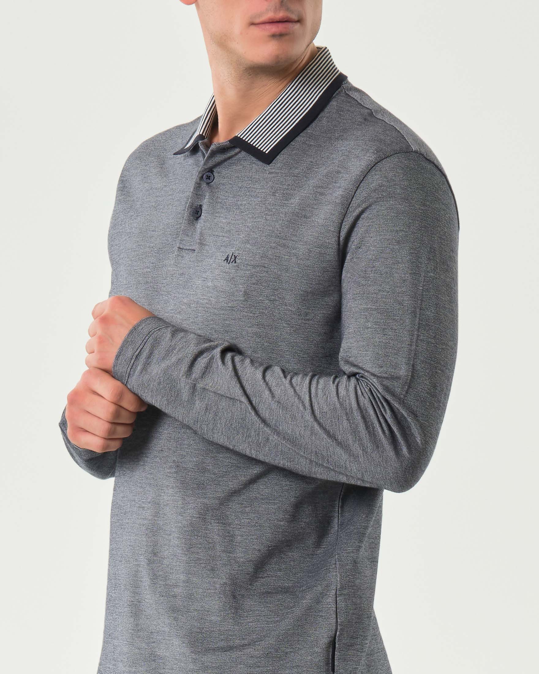 Polo manica lunga Armani Exchange blu melange in puro cotone con colletto a righe image