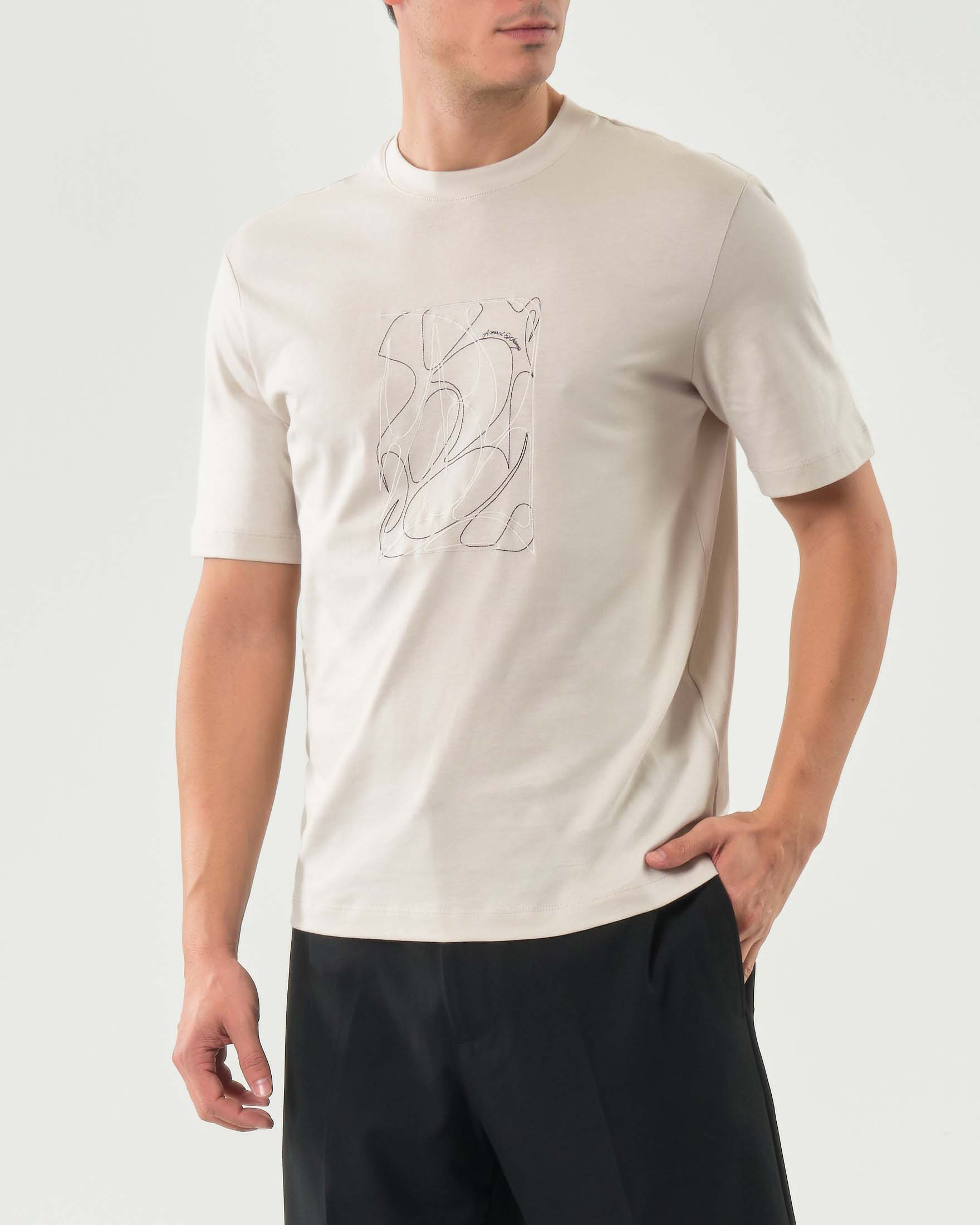 T-shirt mezza manica Armani Exchange gesso in cotone con ricamo astratto frontale