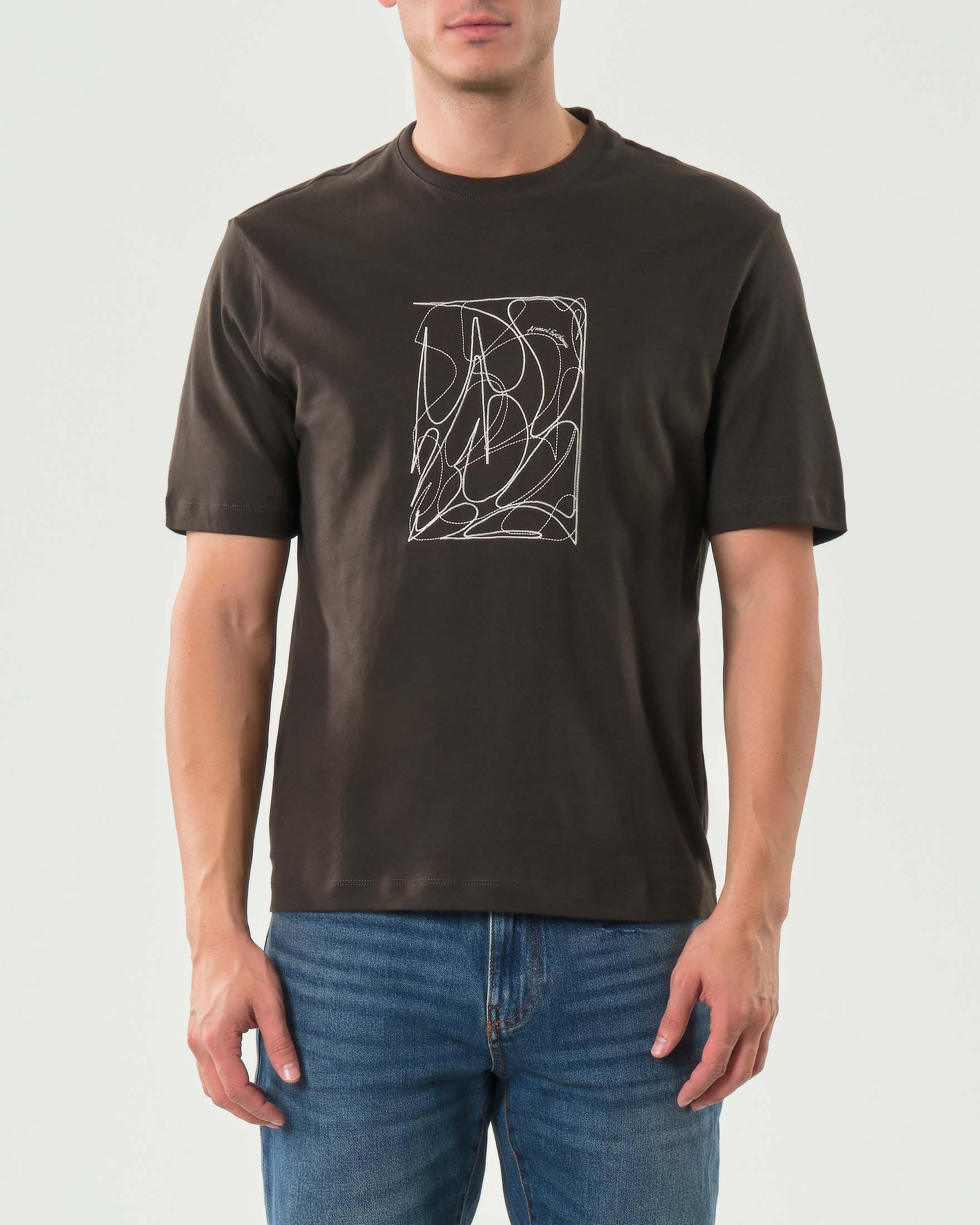 T-shirt mezza manica Armani Exchange marrone in cotone con ricamo astratto frontale