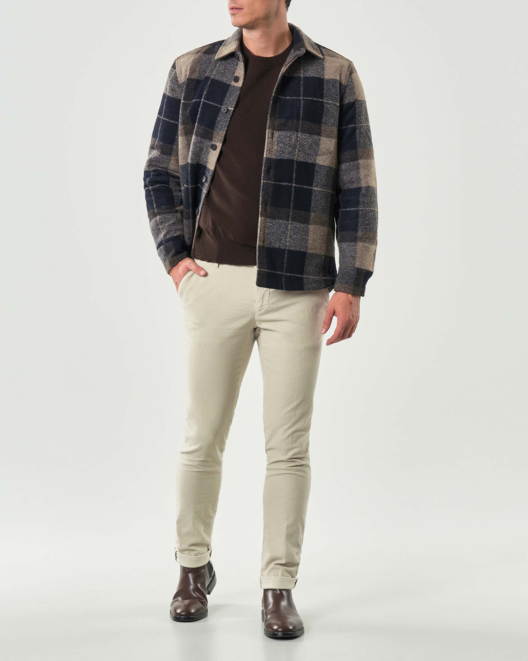 Overshirt imbottita Alley Docks in misto lana a fantasia check beige e blu