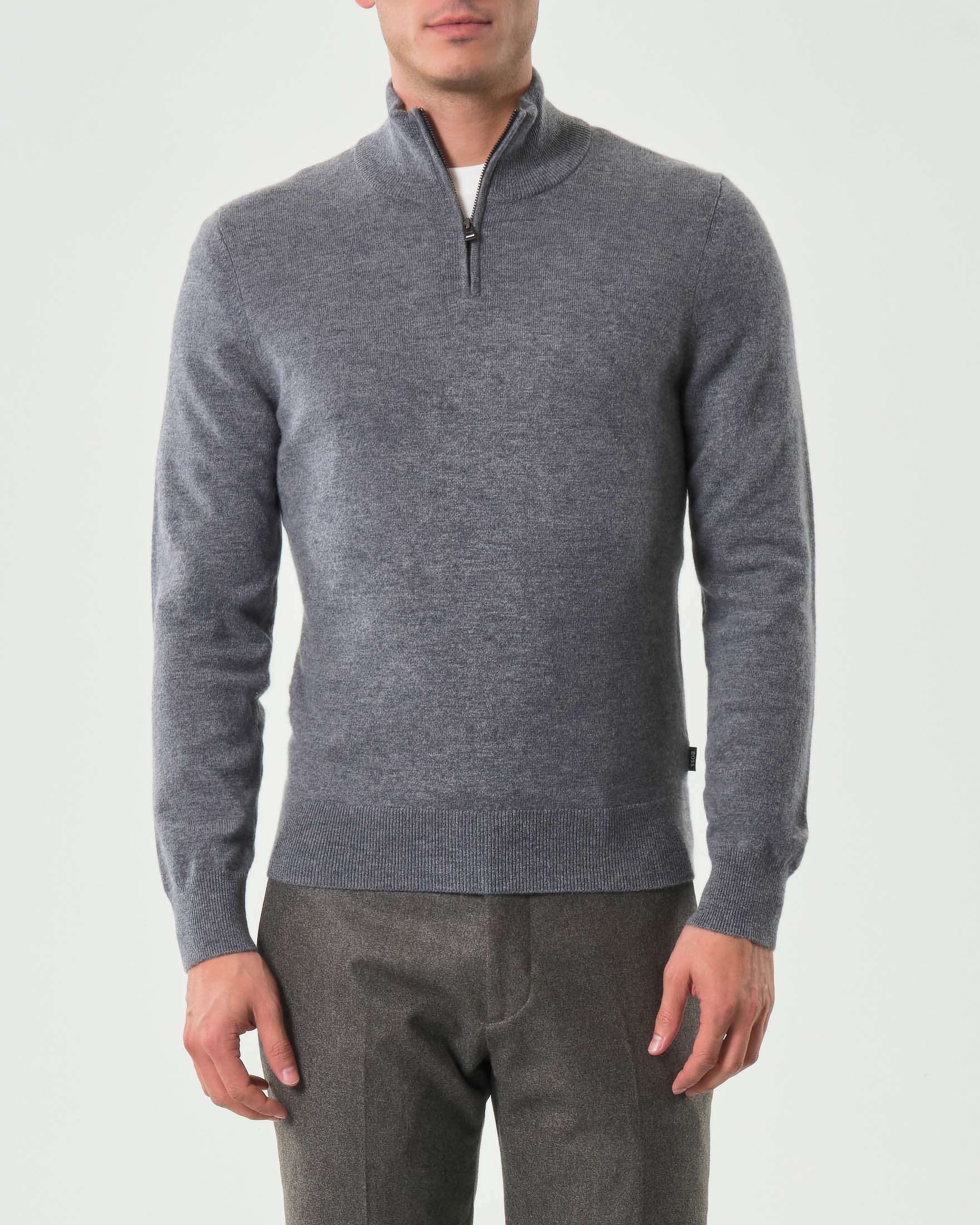 Maglia Hemarlo Boss grigia in misto lana e cachemire con apertura a mezza zip