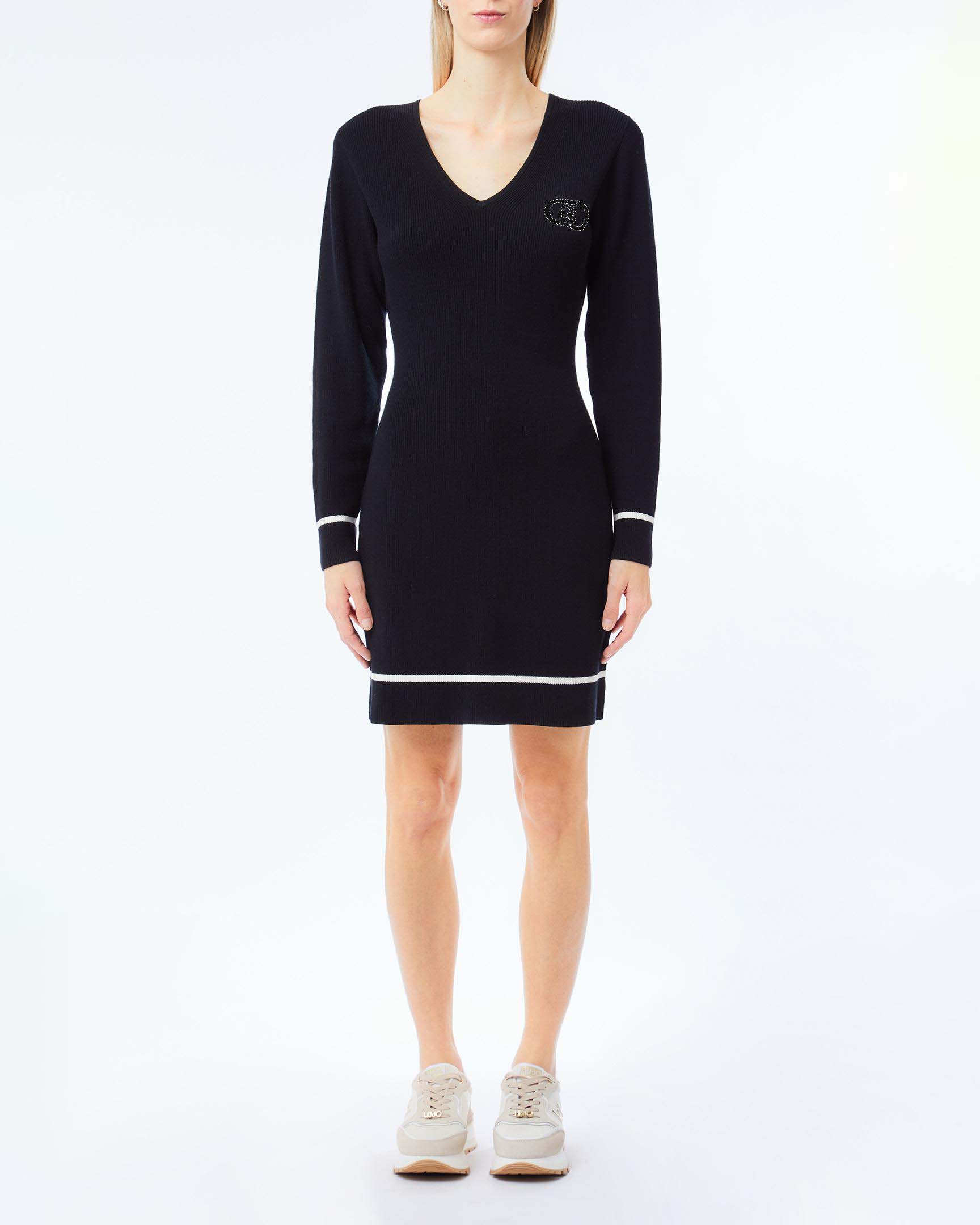 Abito corto Liu Jo Sport nero in misto viscosa con logo ricamato e profili a contrasto