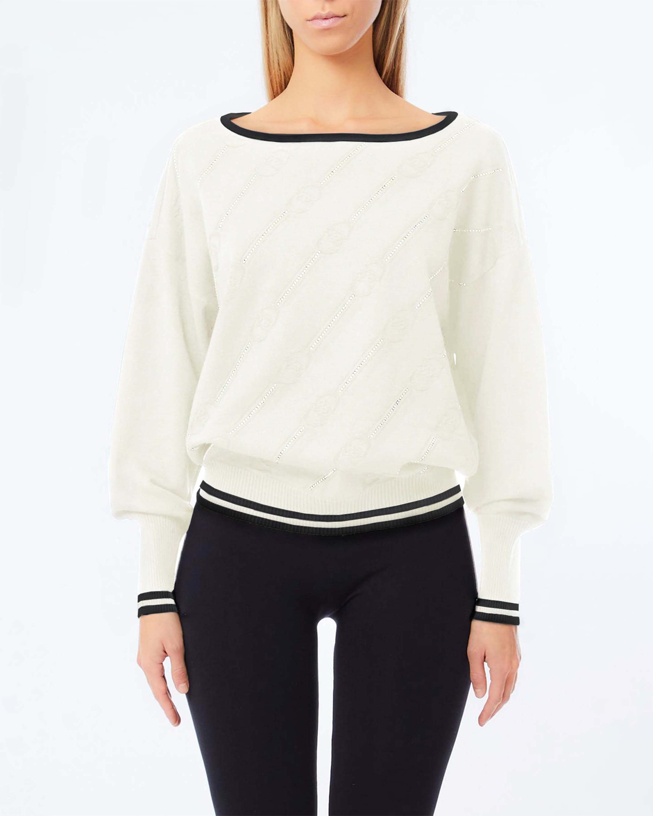 Maglia girocollo Liu Jo Sport bianca in misto viscosa con logo monogramma e profili a contrasto