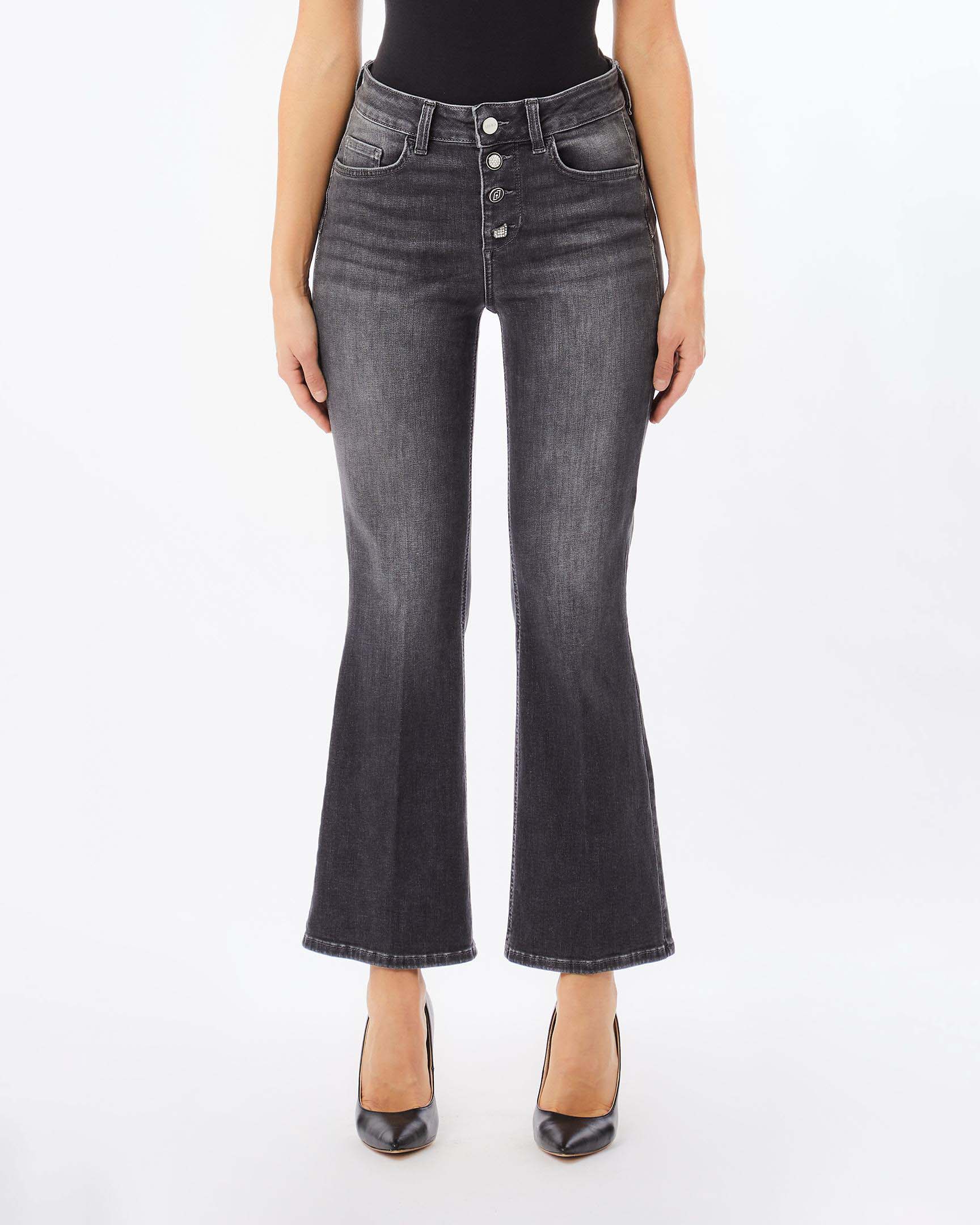 Jeans flare Liu Jo grigio scuro in misto cotone con bottoni decorativi a vista