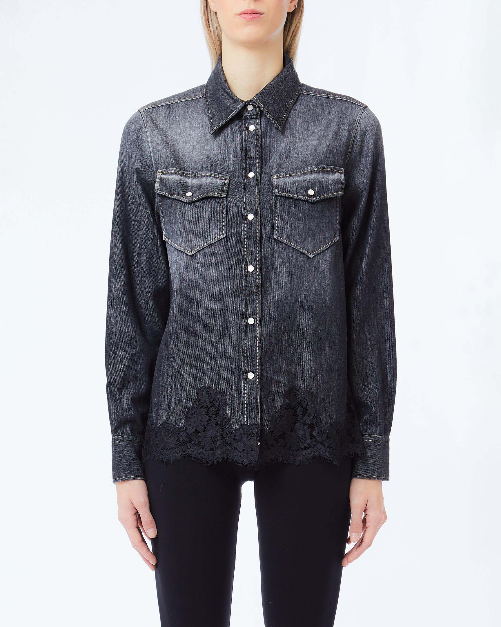 Camicia Liu Jo nera in denim misto cotone con dettaglio in pizzo sul fondo