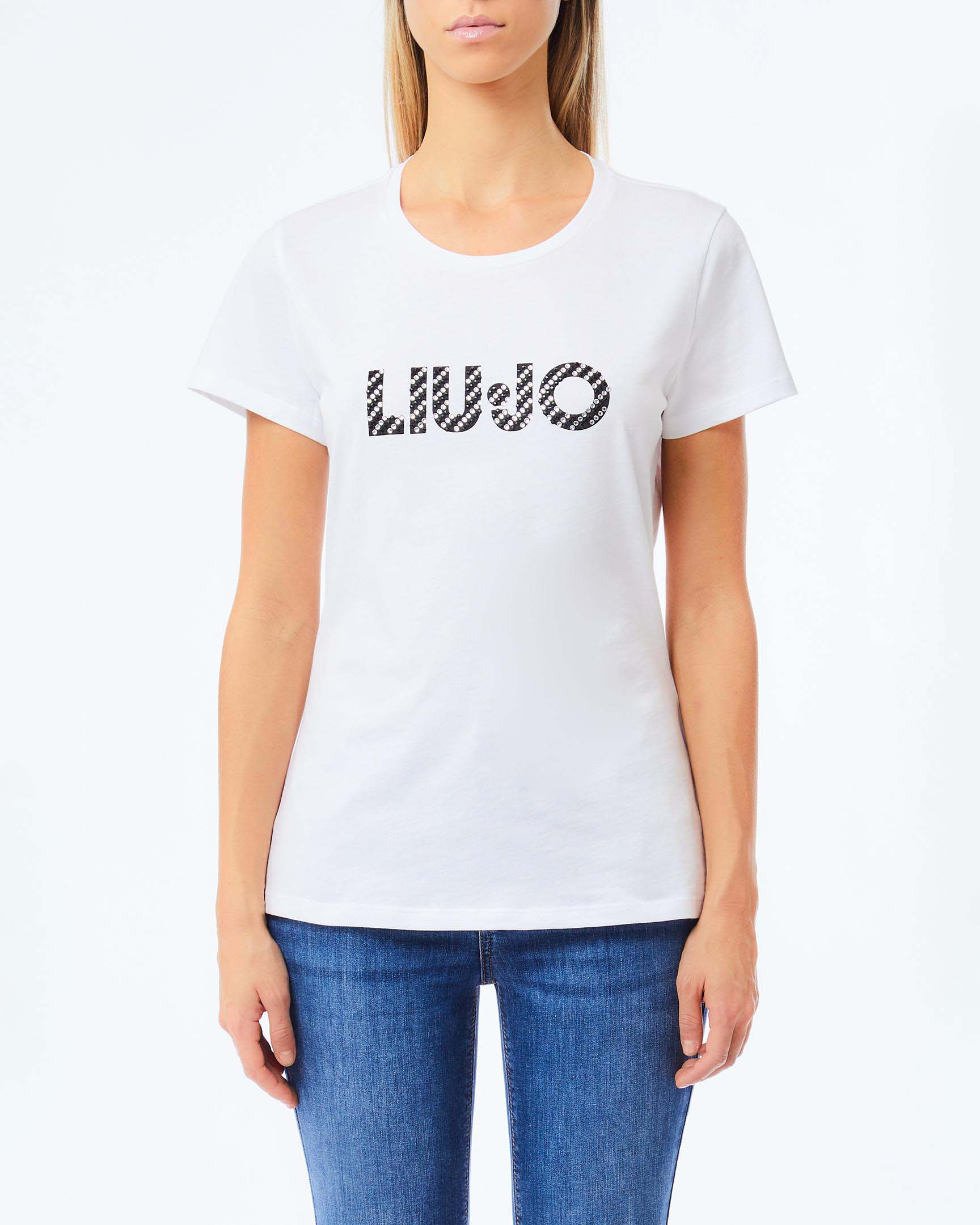 T-shirt Liu Jo bianca in cotone con logo lettering stampato e dettagli in strass