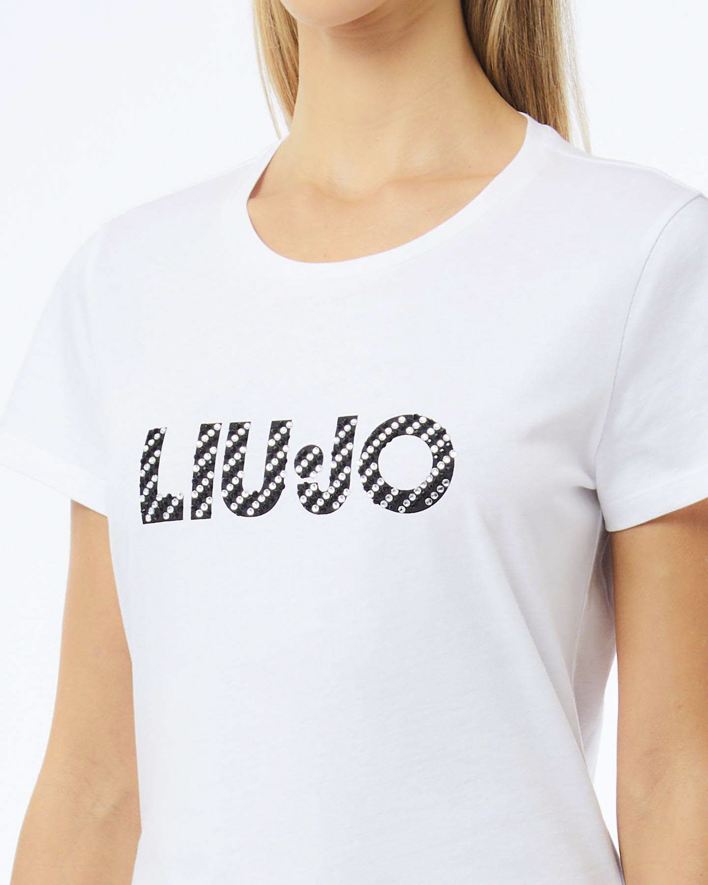 T-shirt Liu Jo bianca in cotone con logo lettering stampato e dettagli in strass image