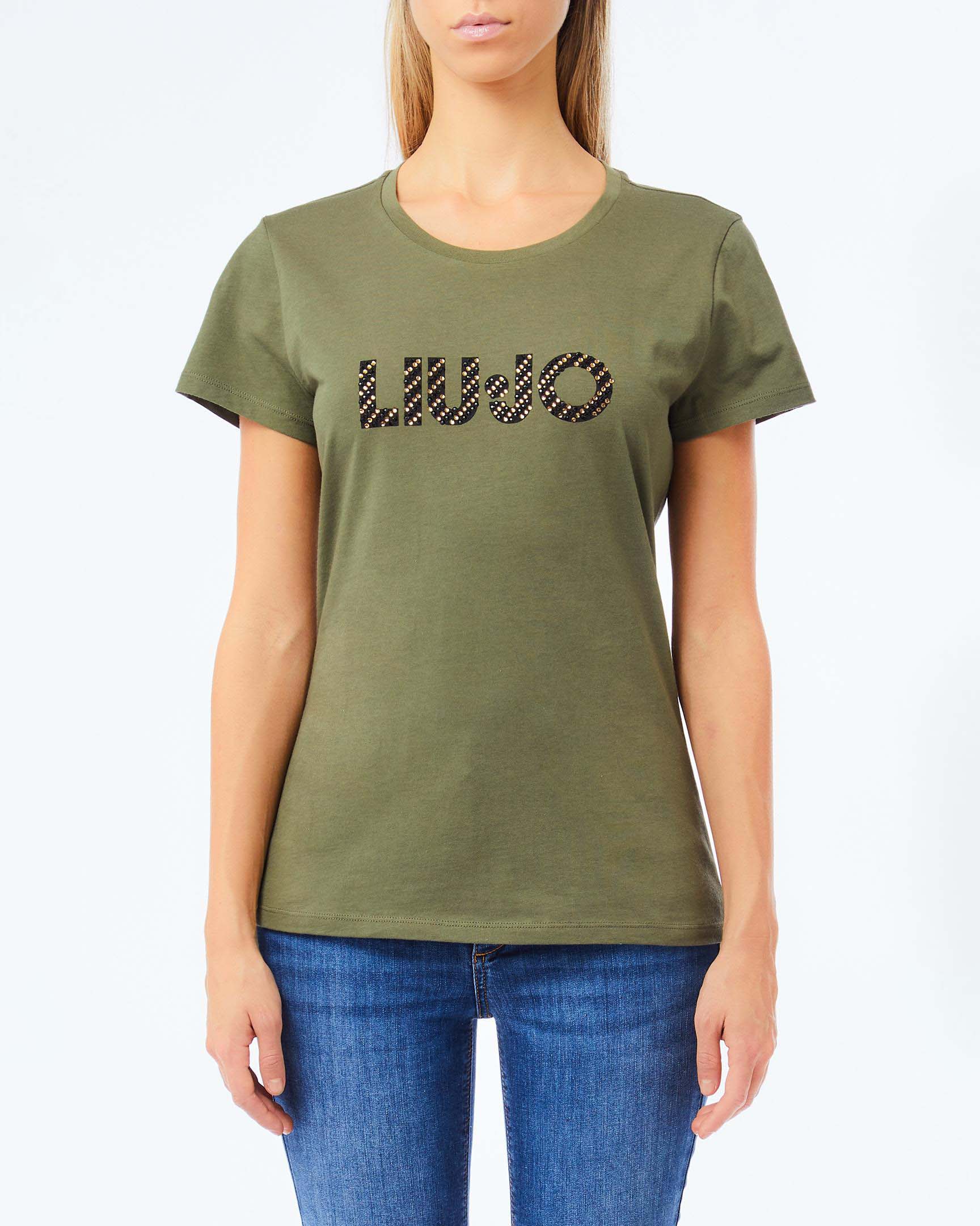 T-shirt mezza manica Liu Jo verde in cotone con logo frontale ricamato con strass