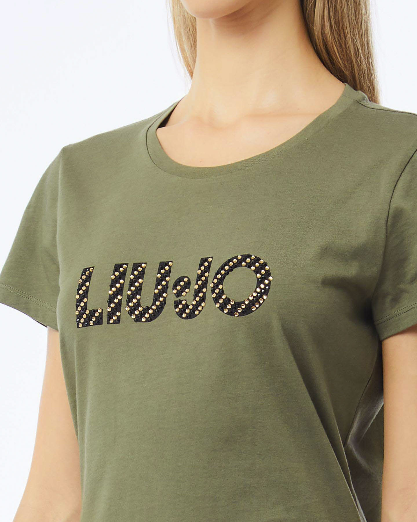 T-shirt mezza manica Liu Jo verde in cotone con logo frontale ricamato con strass image