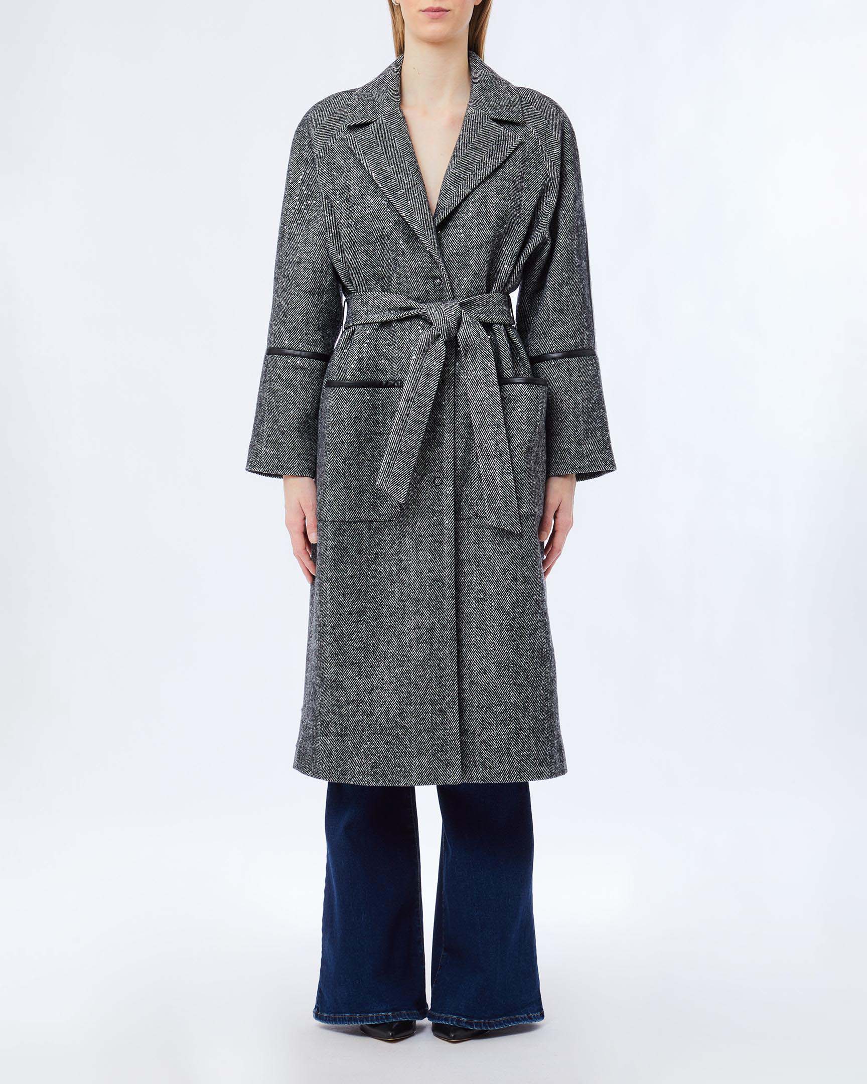 Cappotto Liu Jo nero in misto lana con motivo spigato e dettagli in eco pelle