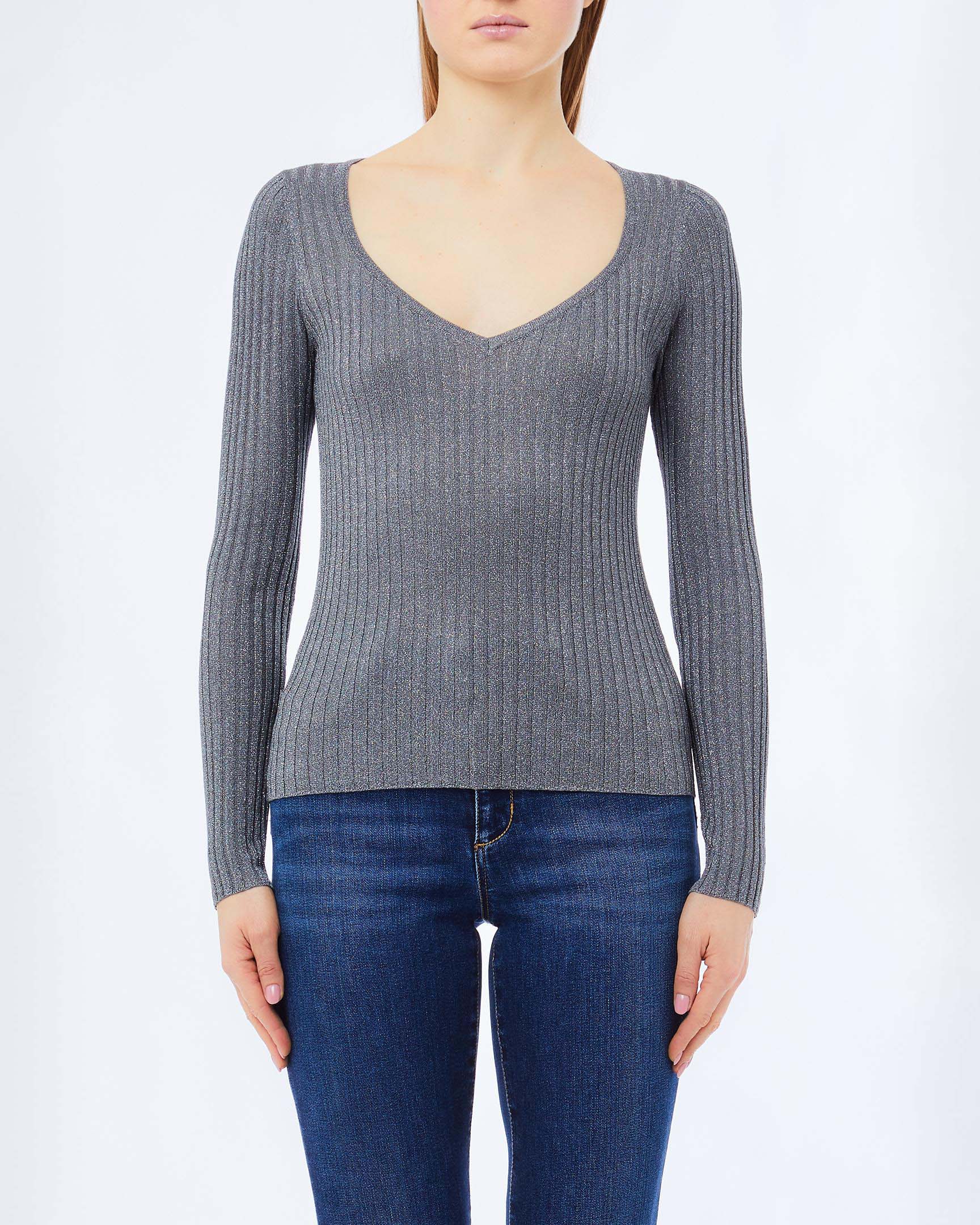 Maglia Liu Jo antracite in misto viscosa a costine con scollo a V e filato lurex