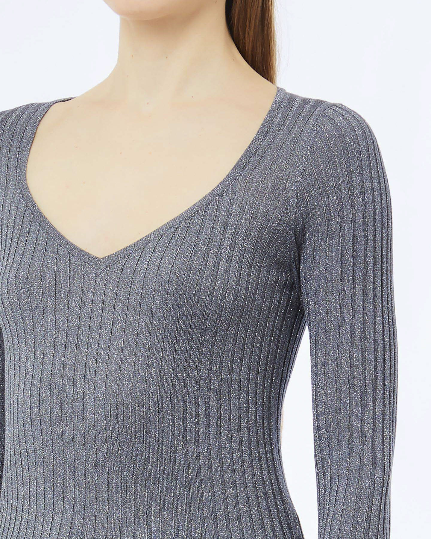 Maglia Liu Jo antracite in misto viscosa a costine con scollo a V e filato lurex image