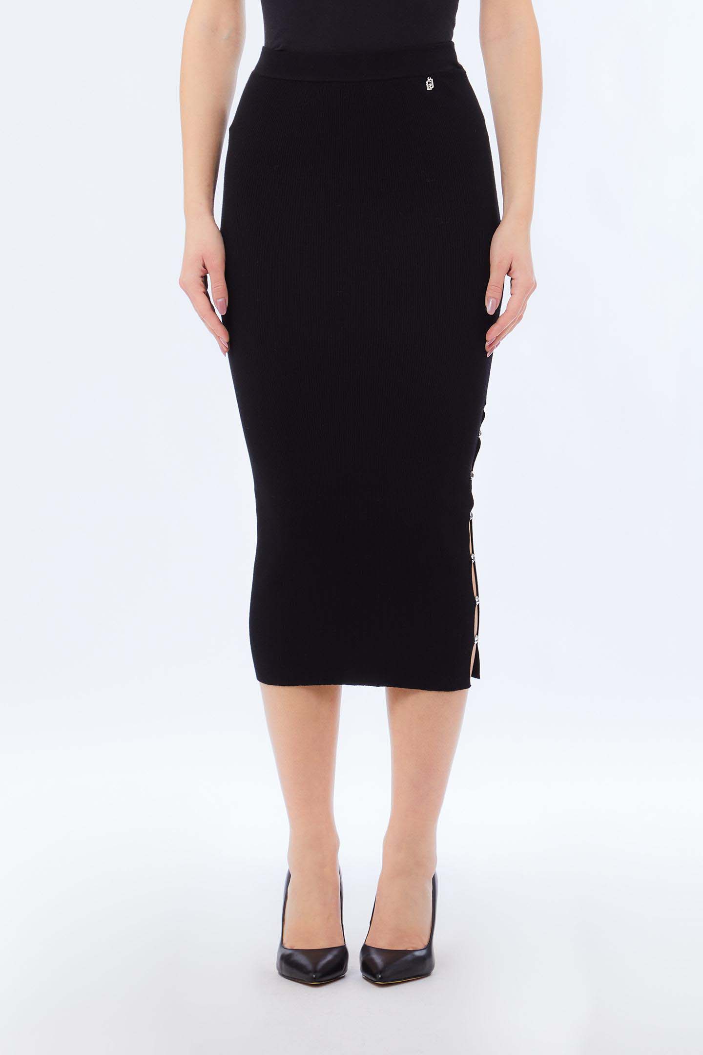 Gonna midi Liu Jo nera in misto viscosa con dettagli gioiello laterali