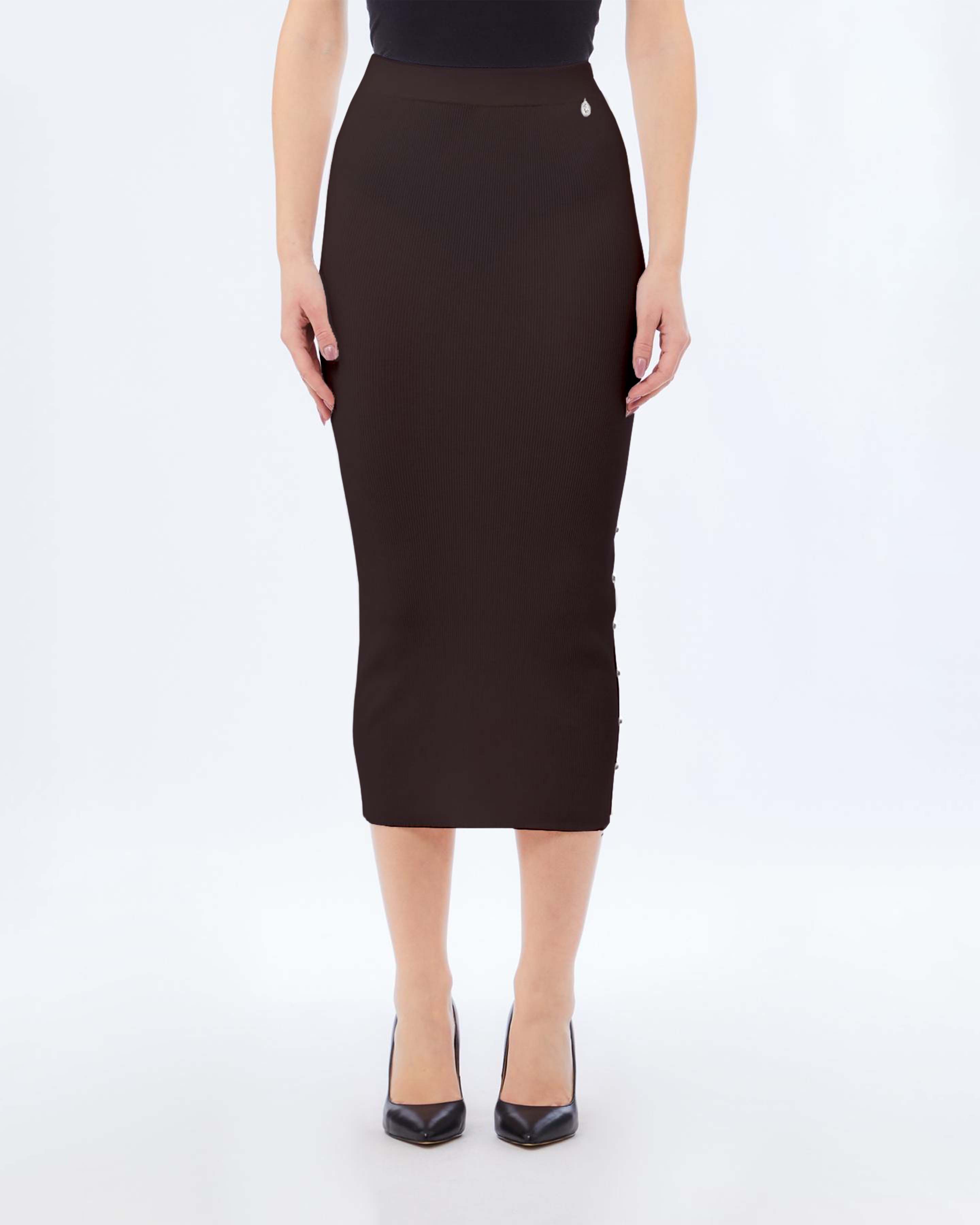 Gonna midi Liu Jo marrone in misto viscosa con dettagli gioiello laterali