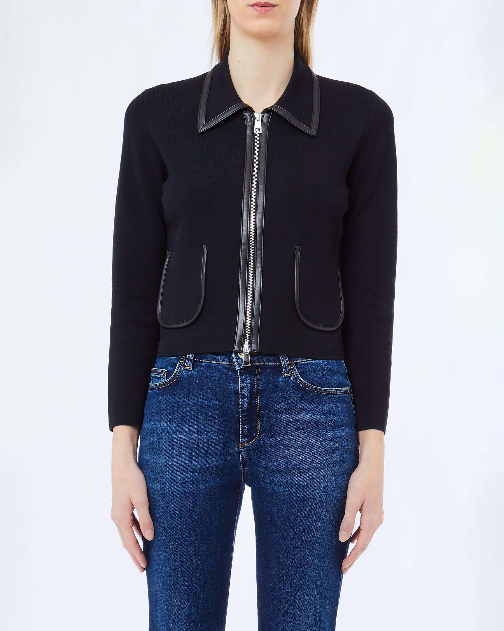 Giacca corta Liu Jo nera in misto viscosa con profili in similpelle e zip frontale