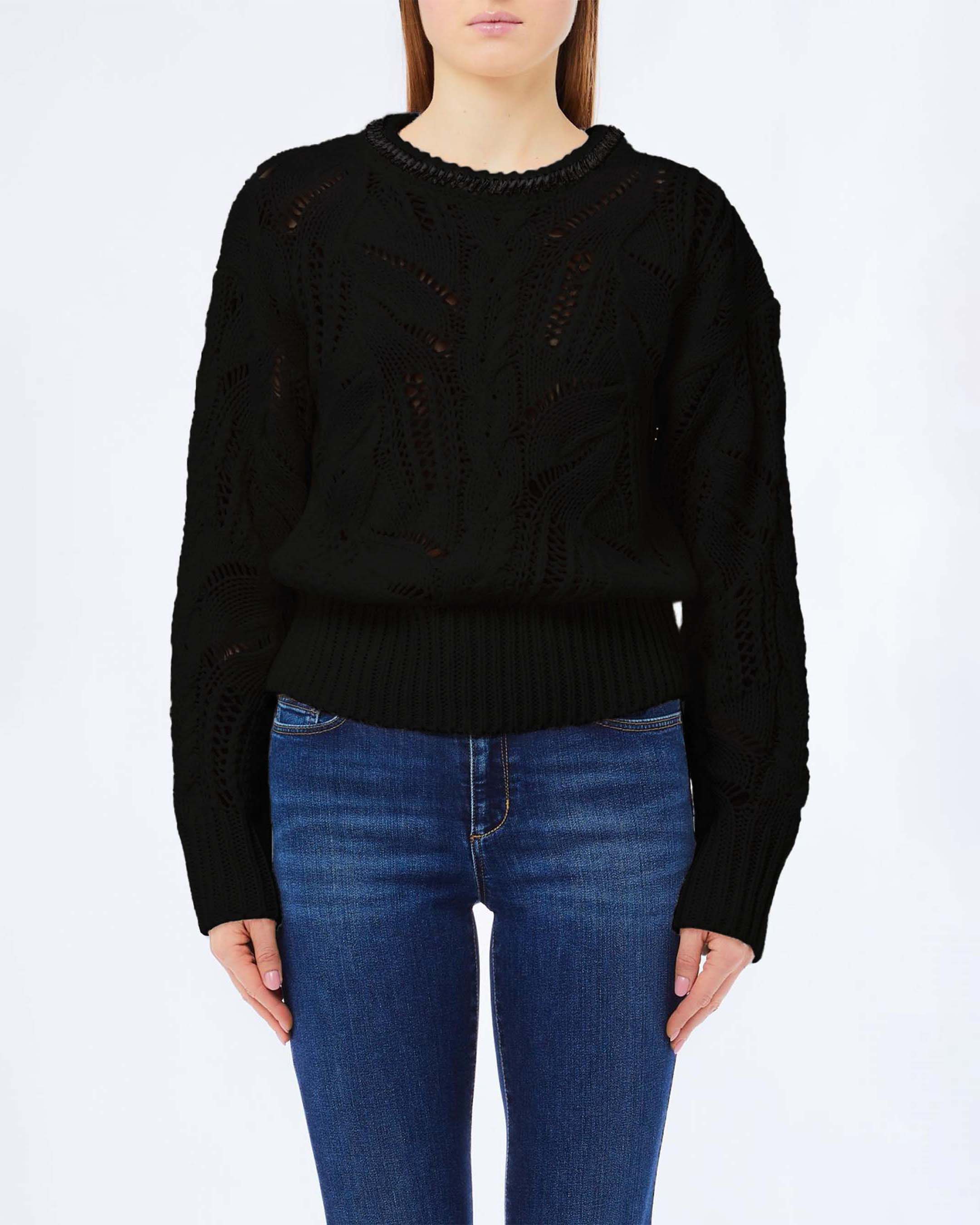 Maglione girocollo Liu Jo nero in misto lana con lavorazione treccia e dettagli castoni