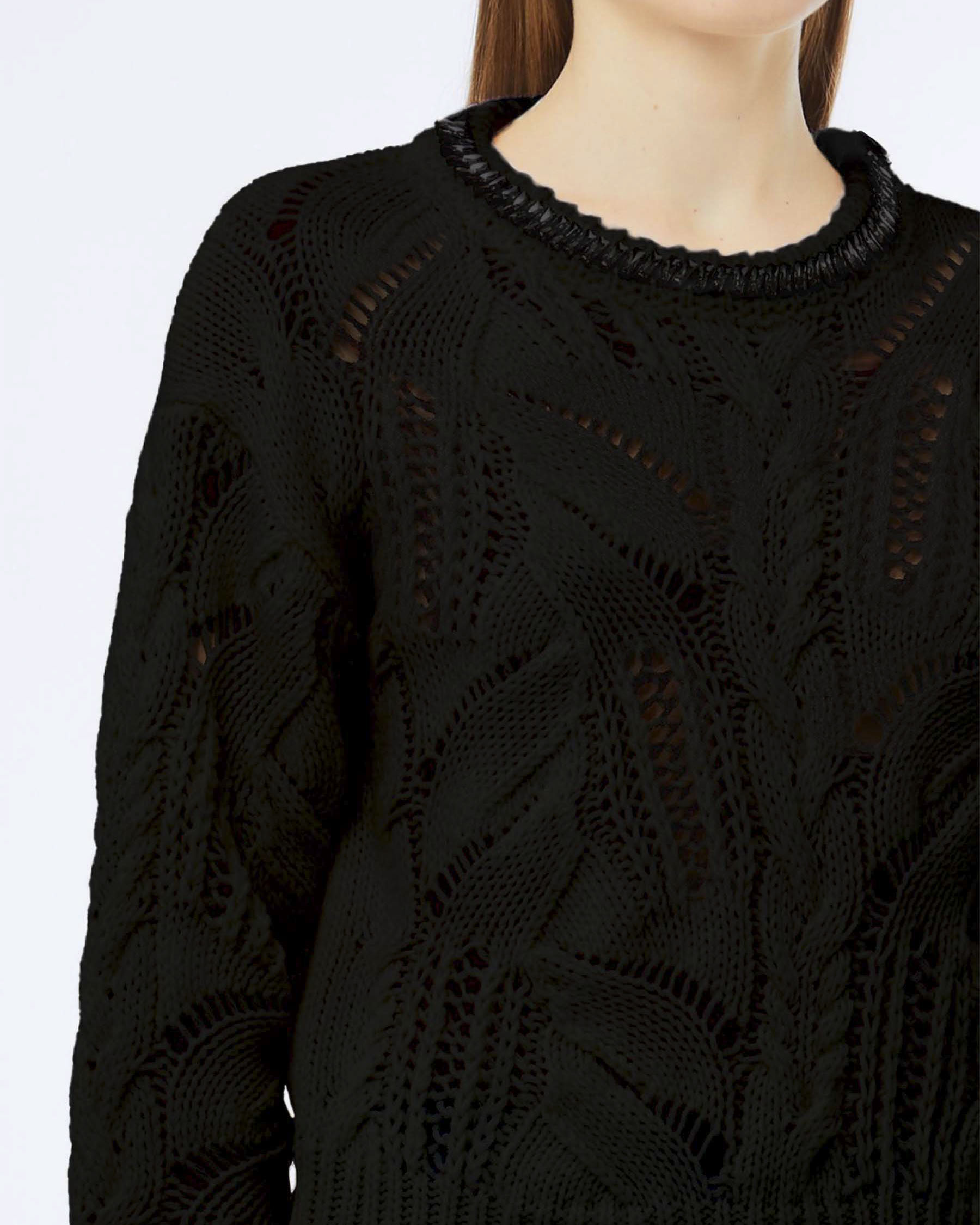 Maglione girocollo Liu Jo nero in misto lana con lavorazione treccia e dettagli castoni image