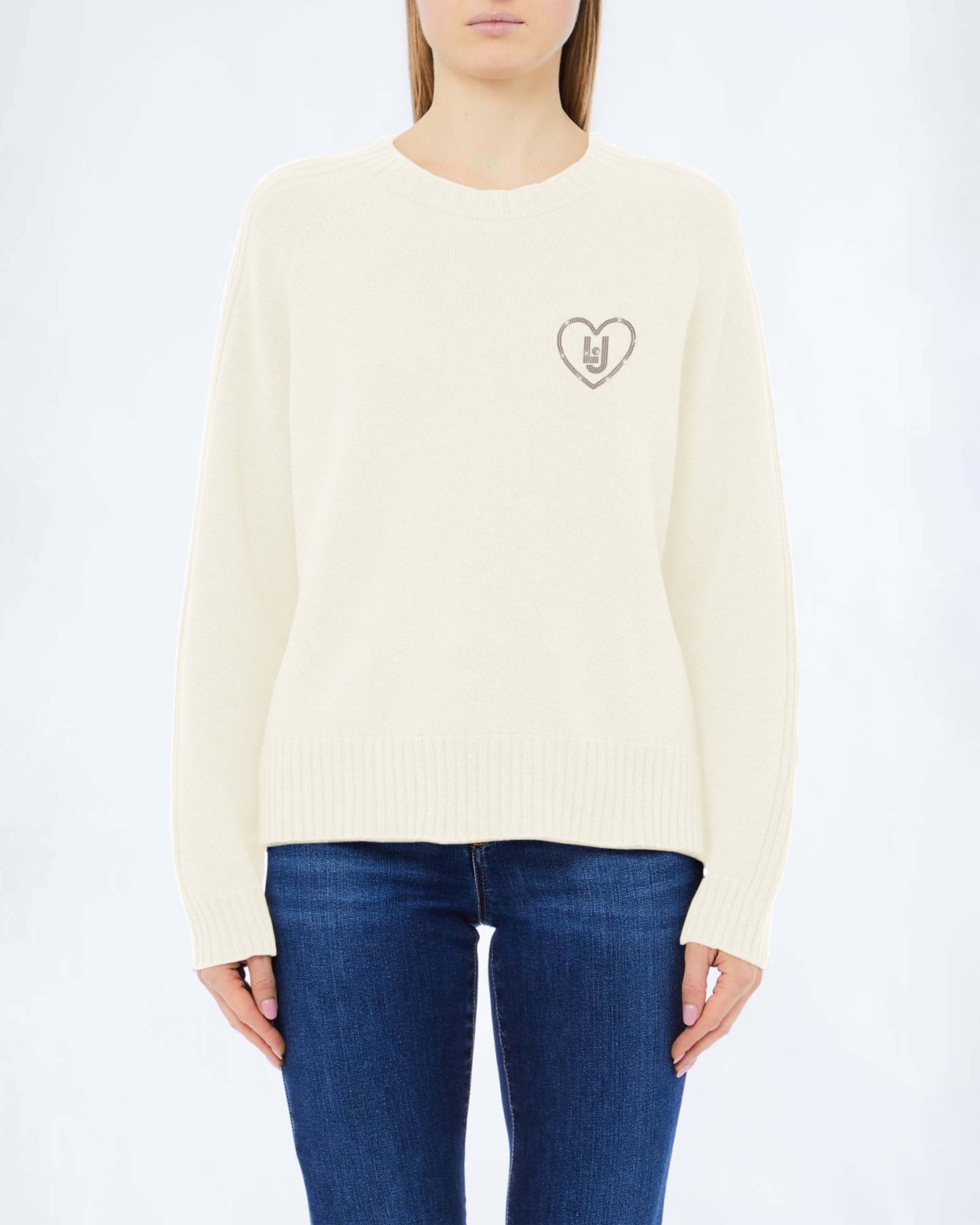 Maglia girocollo Liu Jo panna in misto lana con logo ricamato a cuore