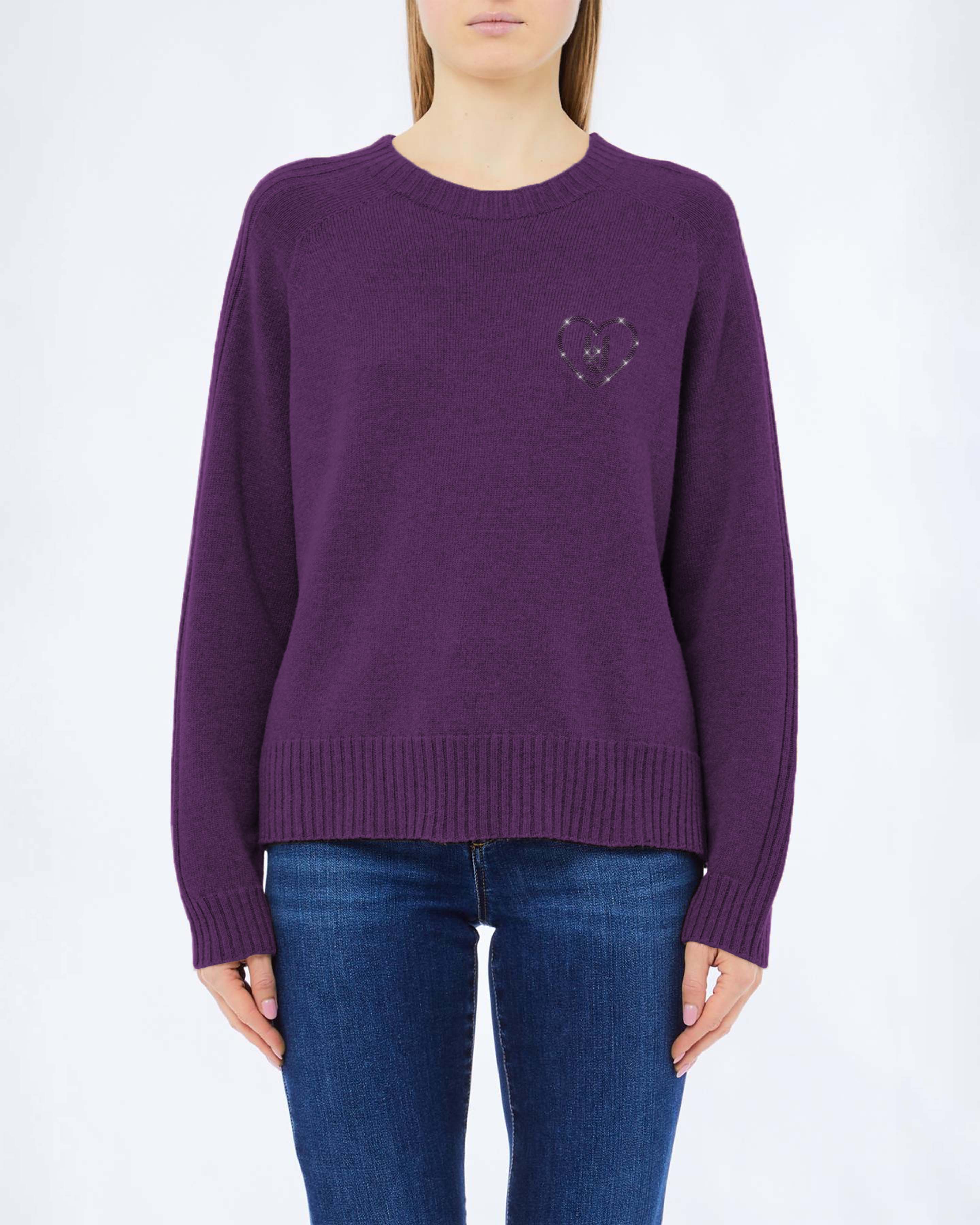 Maglione girocollo Liu Jo viola in misto viscosa con ricamo cuore sul petto