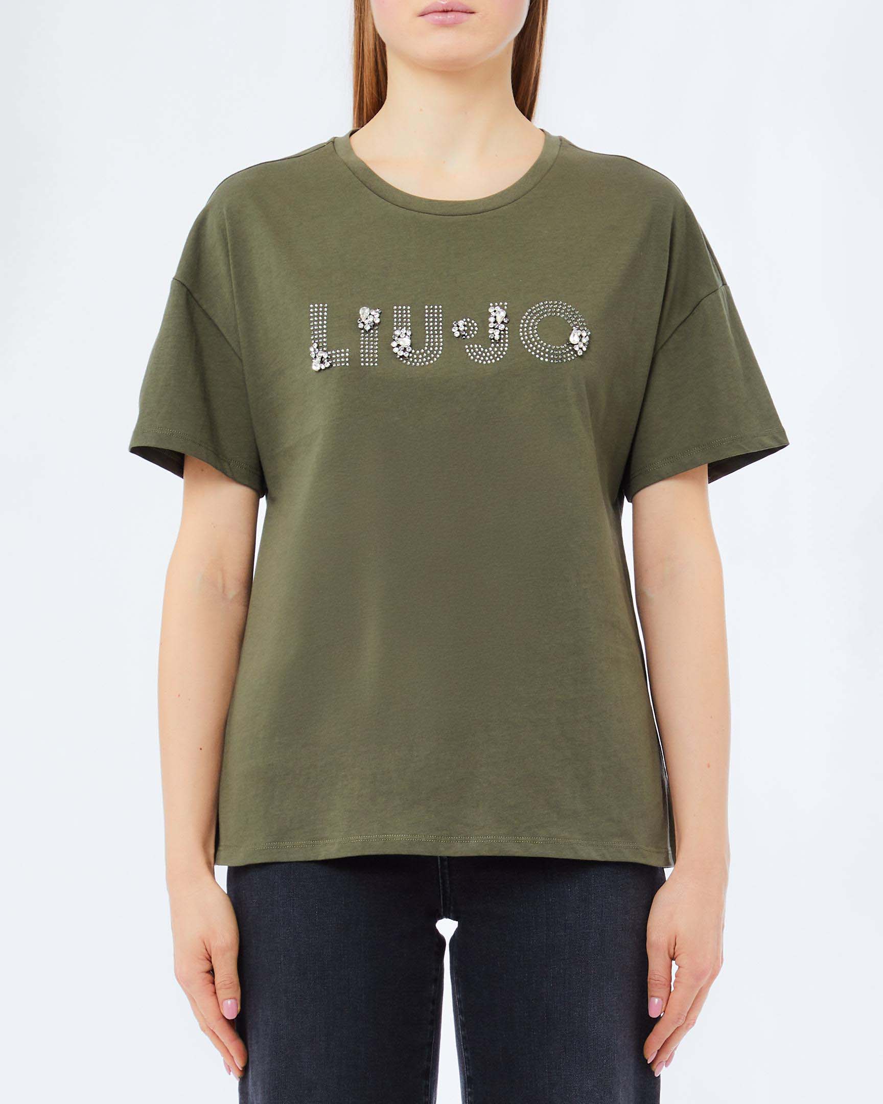T-shirt mezza manica Liu Jo verde militare in cotone con logo ricamato e strass