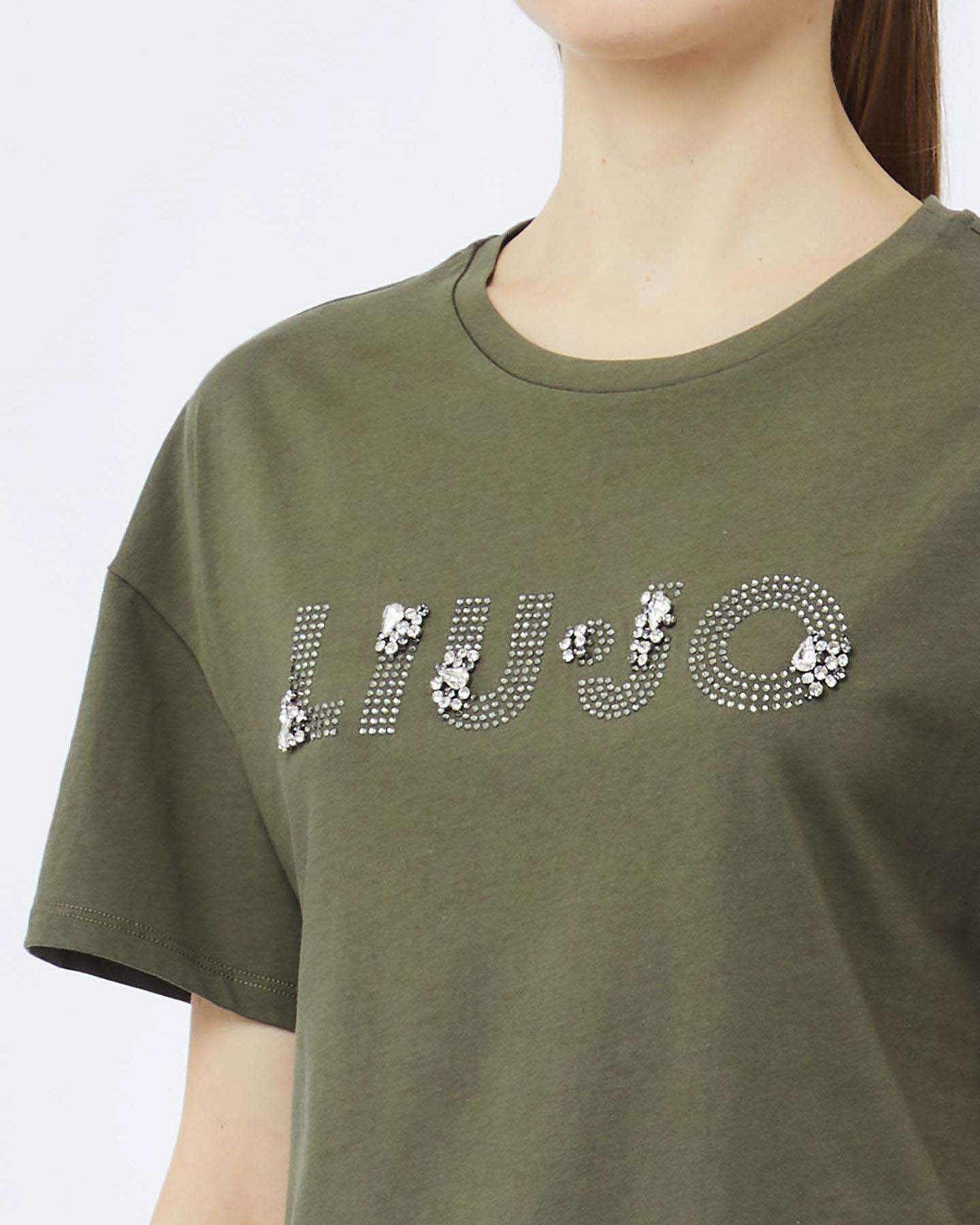 T-shirt mezza manica Liu Jo verde militare in cotone con logo ricamato e strass image