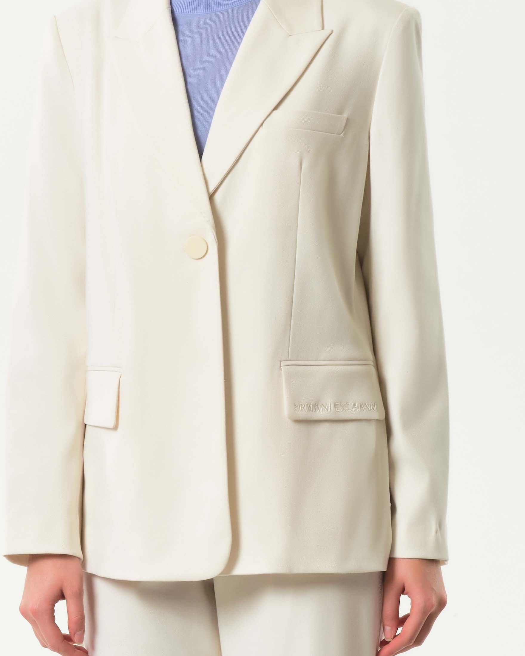 Blazer bianco Armani Exchange in tessuto diagonale con scritta logo ricamata image