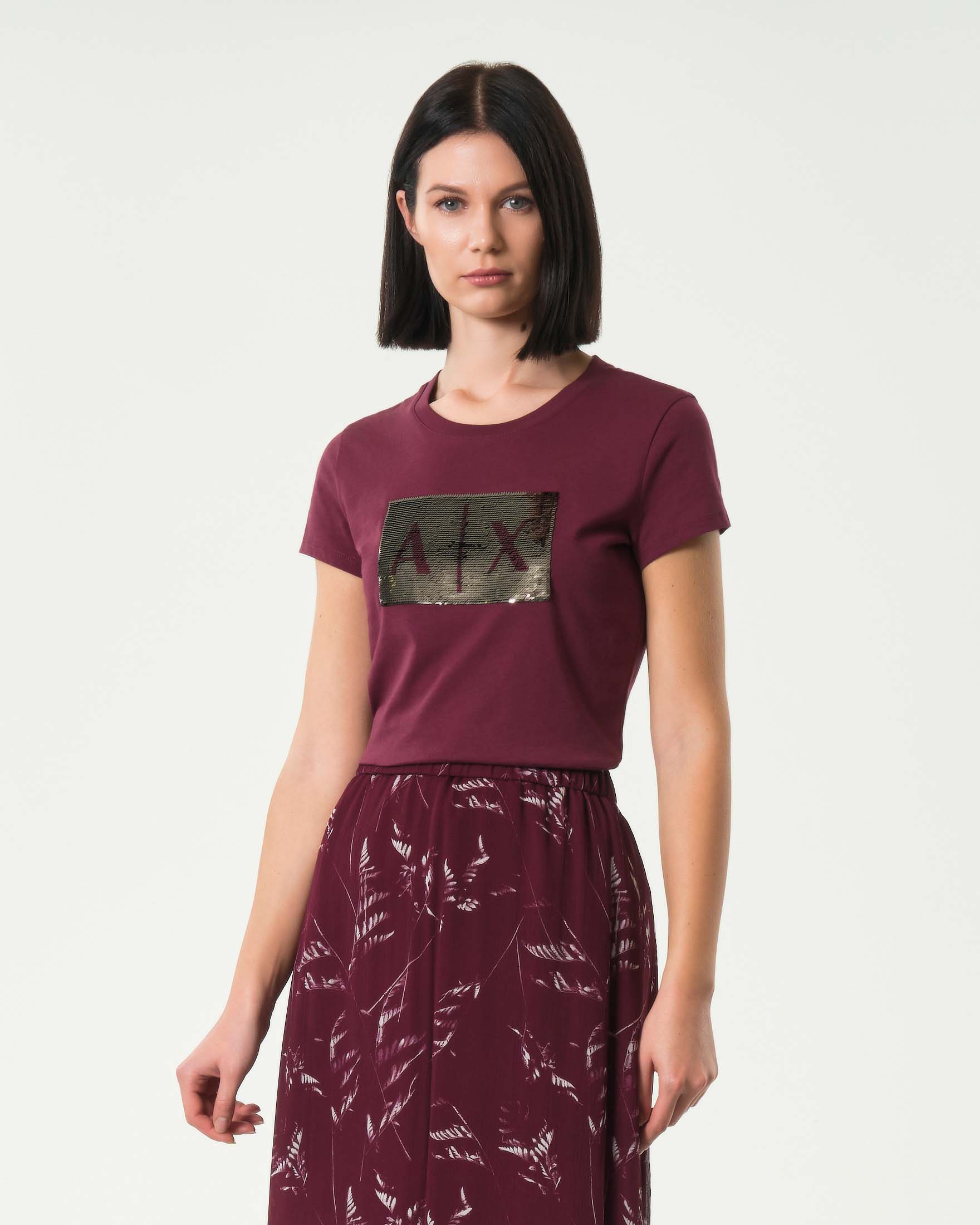 T-shirt bordeaux Exchange in cotone con logo in paillettes reversibili nel color argento