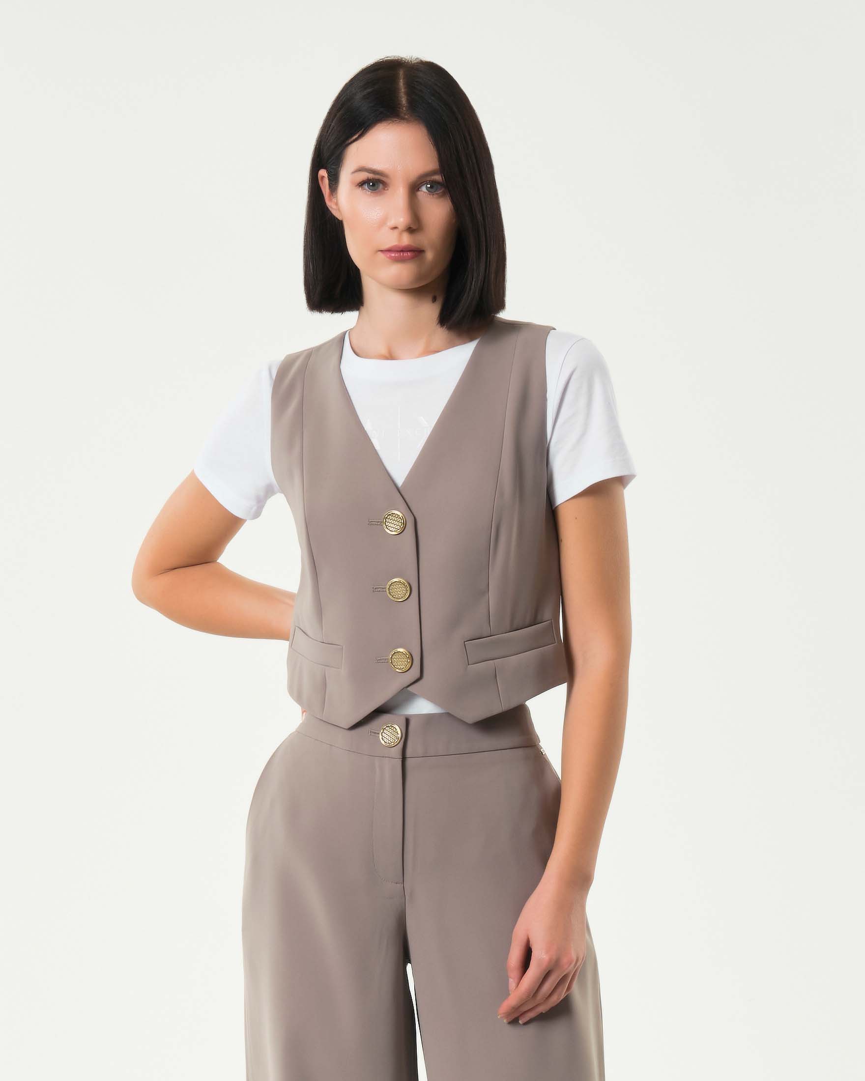 Gilet color khaki Armani Exchange in cady con scollo a V e bottoni di chiusura dorati
