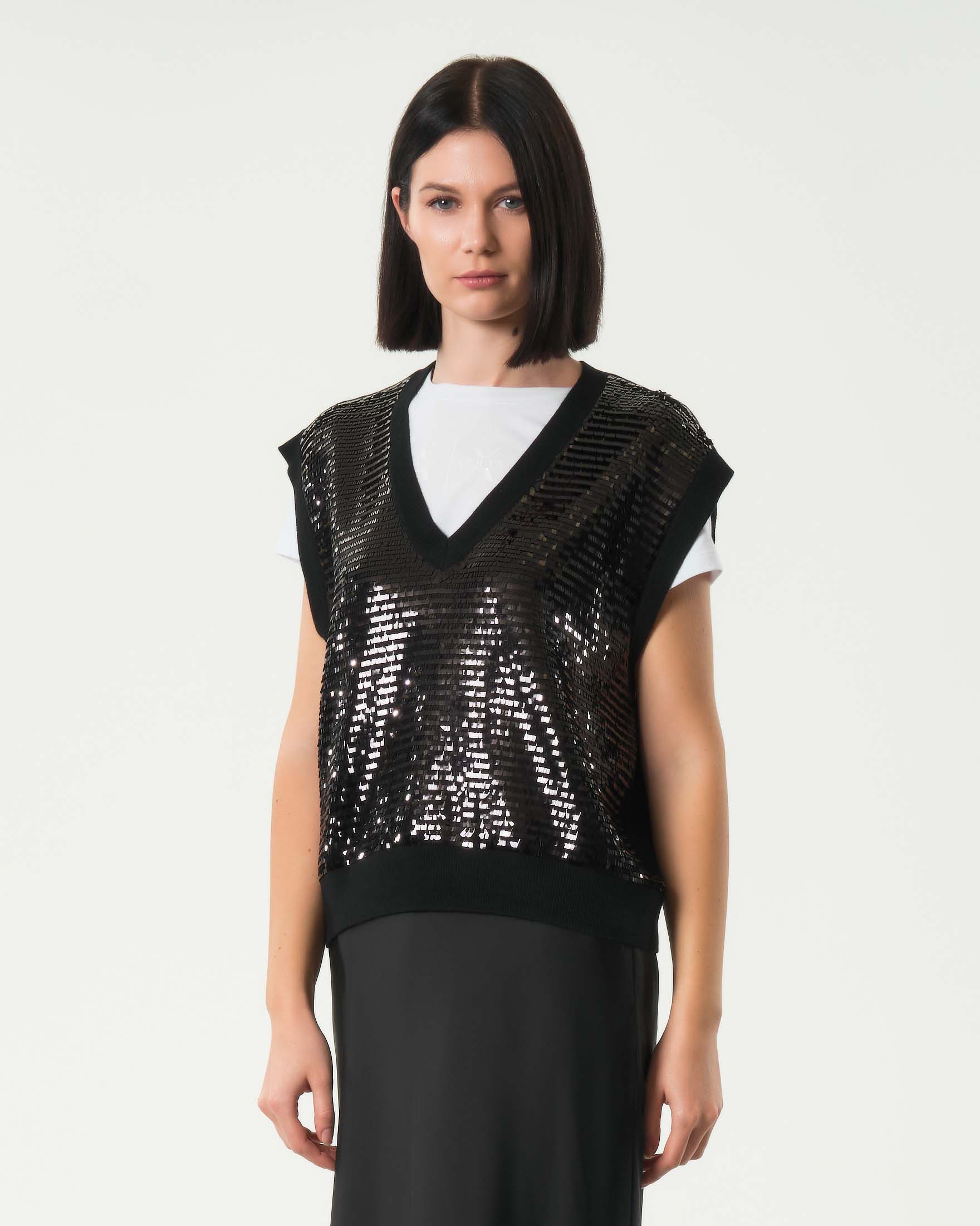 Gilet nero  Armani Exchange in misto lana con pailettes tono su tono sul davanti con scollo a V