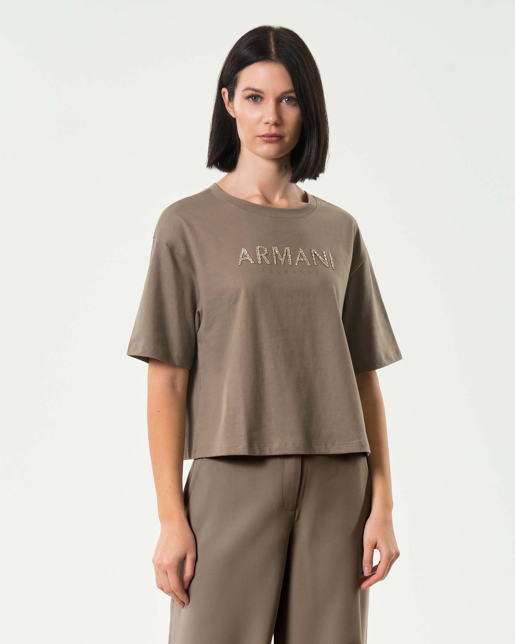 T-shirt color khaki Armani Exchange dalla linea boxy con scritta logo ricamata in glitter oro