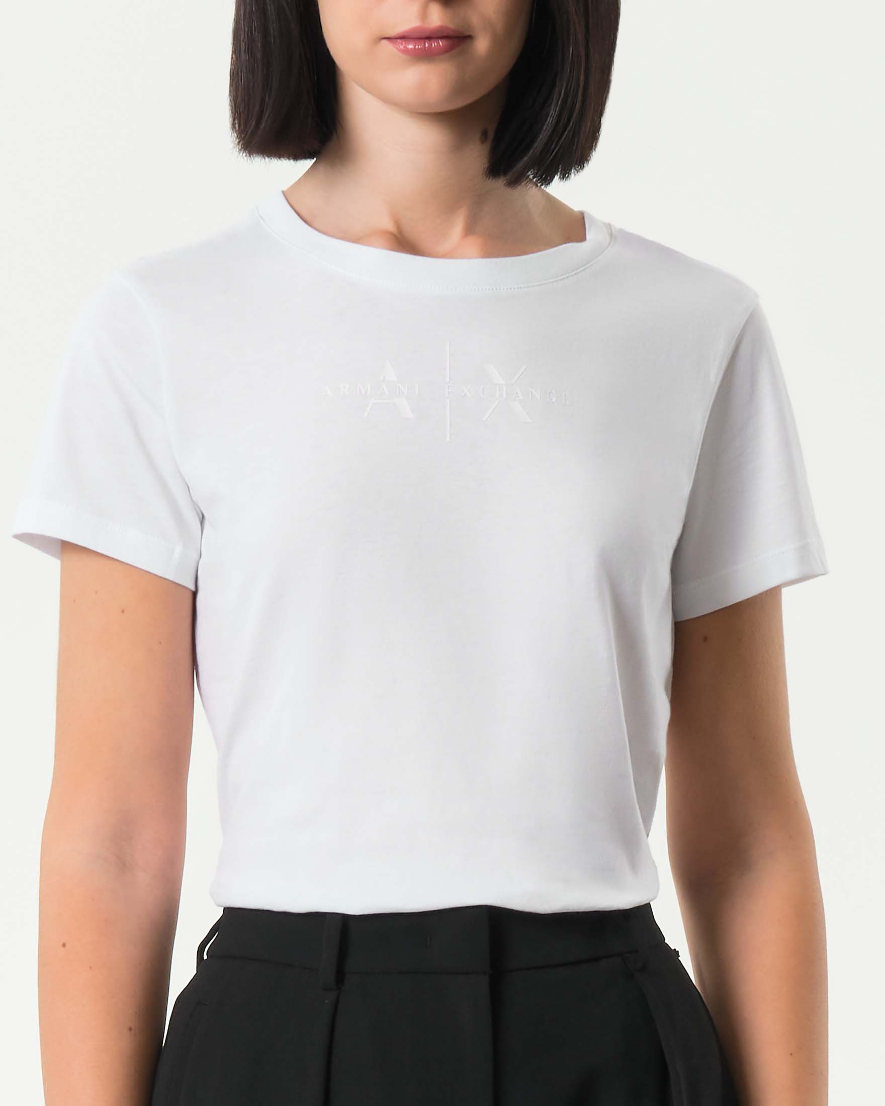 T-shirt bianca Armani Exchange in cotone con logo stampato sul petto tono su tono image