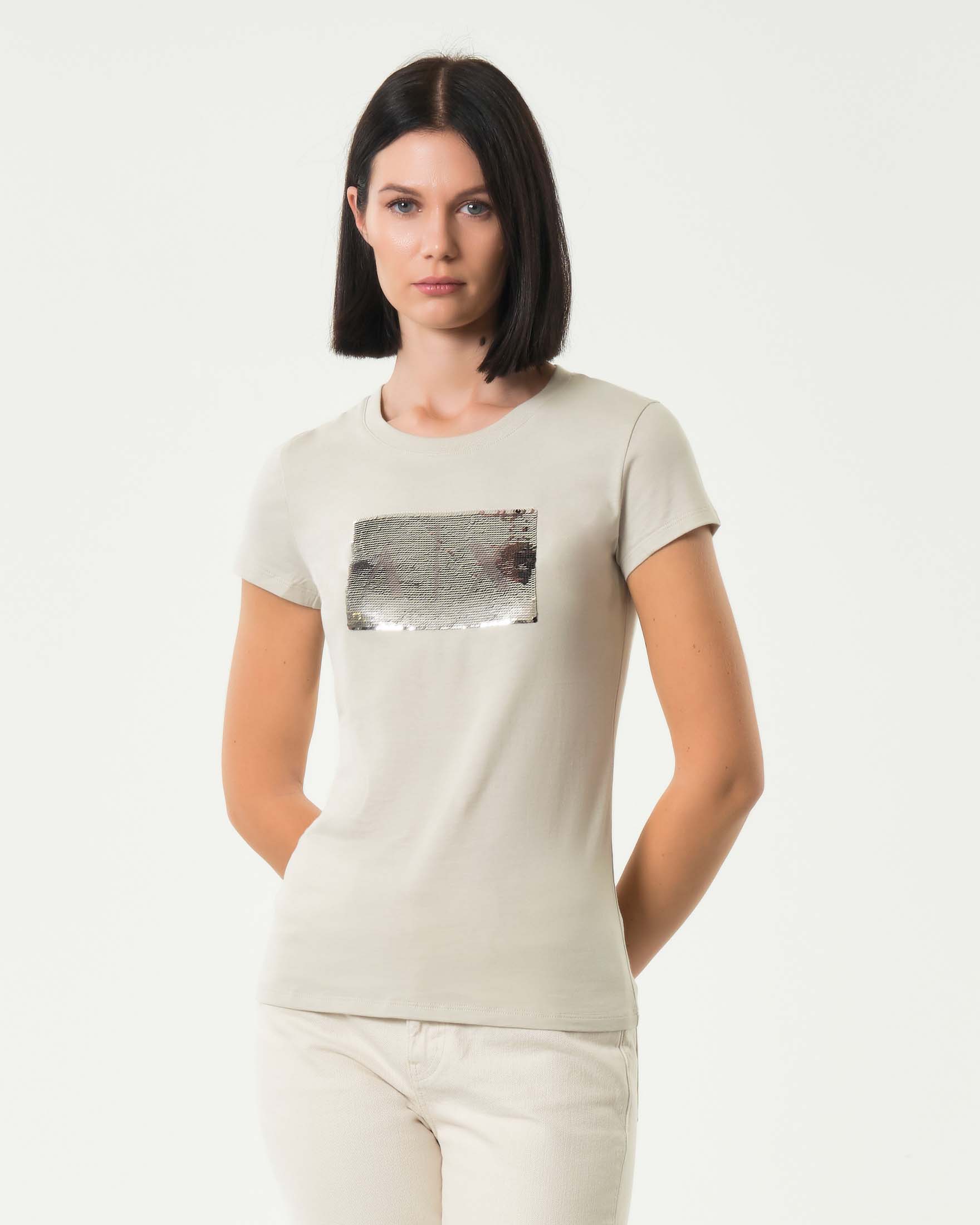 T-shirt color gesso Exchange in cotone con logo in paillettes reversibili nel color argento
