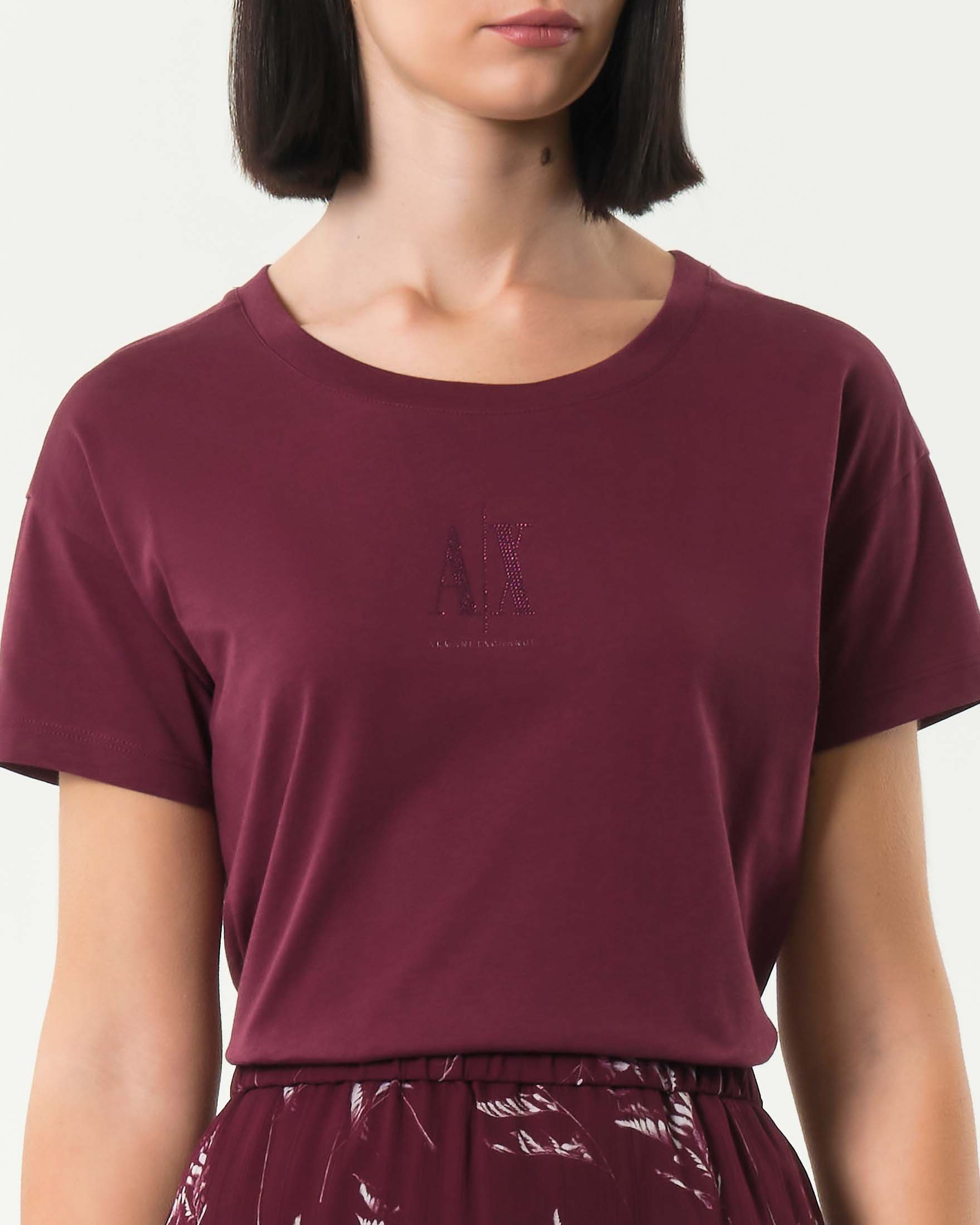 T-shirt bordeaux Armani Exchange in cotone con scritta logo in glitter tono su tono image