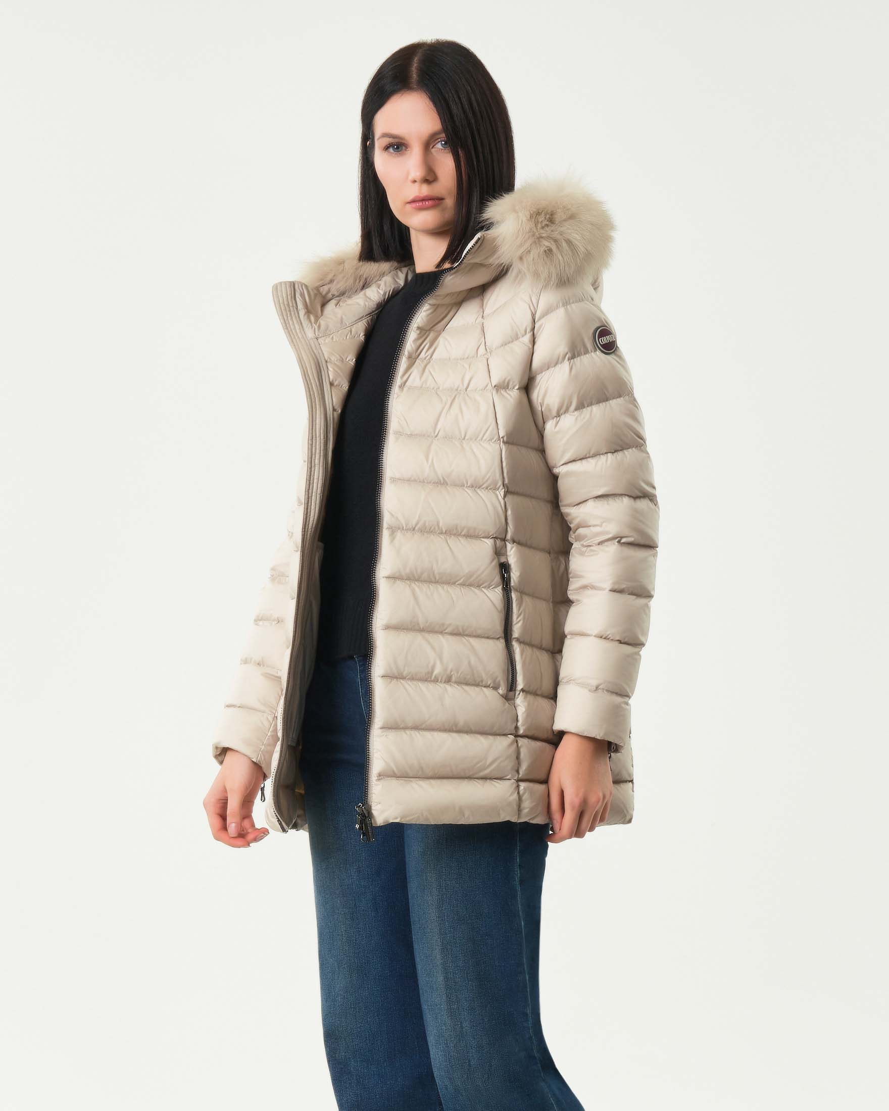 Piumino color gesso Colmar Originals con bordatura in pelliccia di volpe sul cappuccio