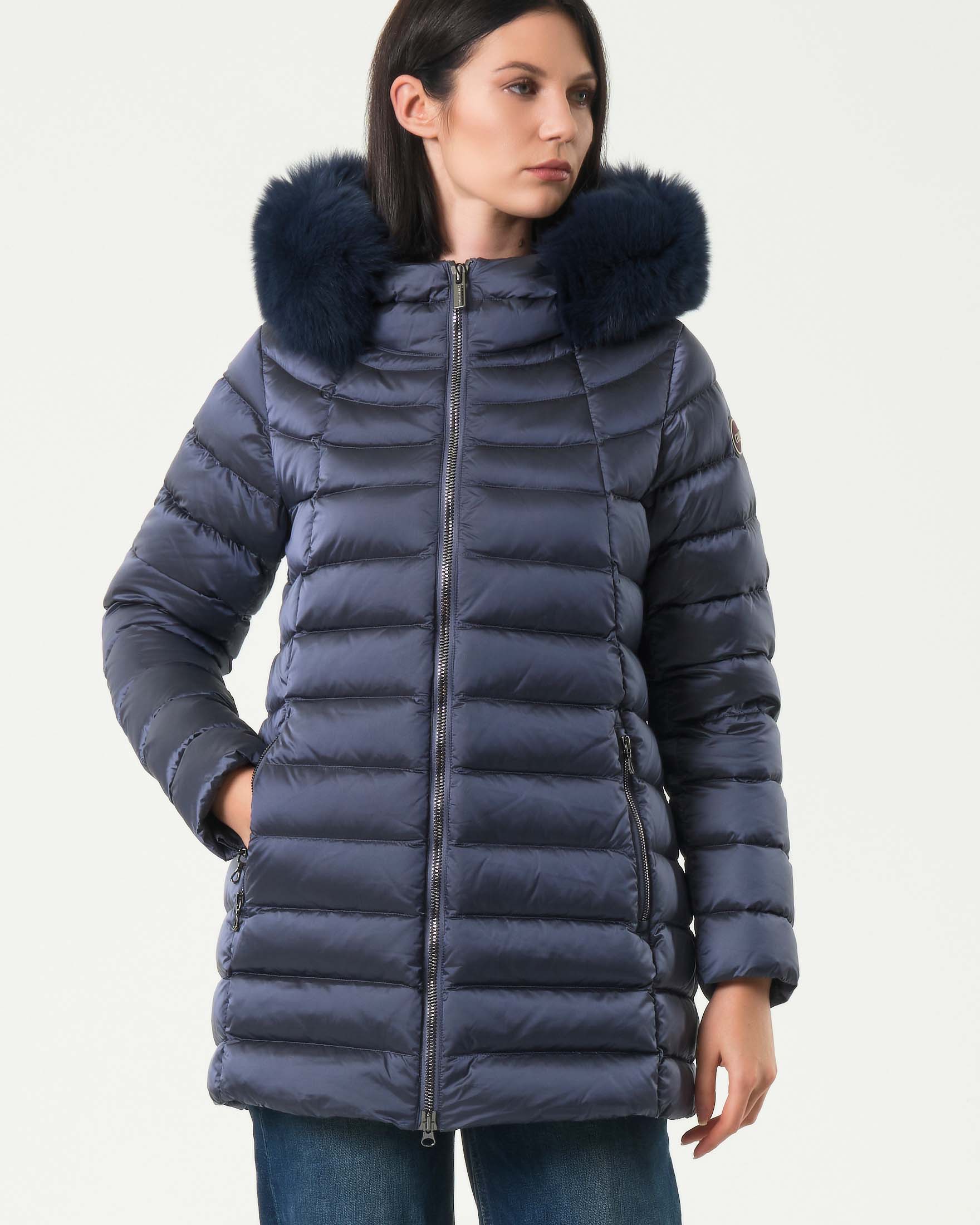 Piumino color avio Colmar Originals con bordatura in pelliccia di volpe sul cappuccio image