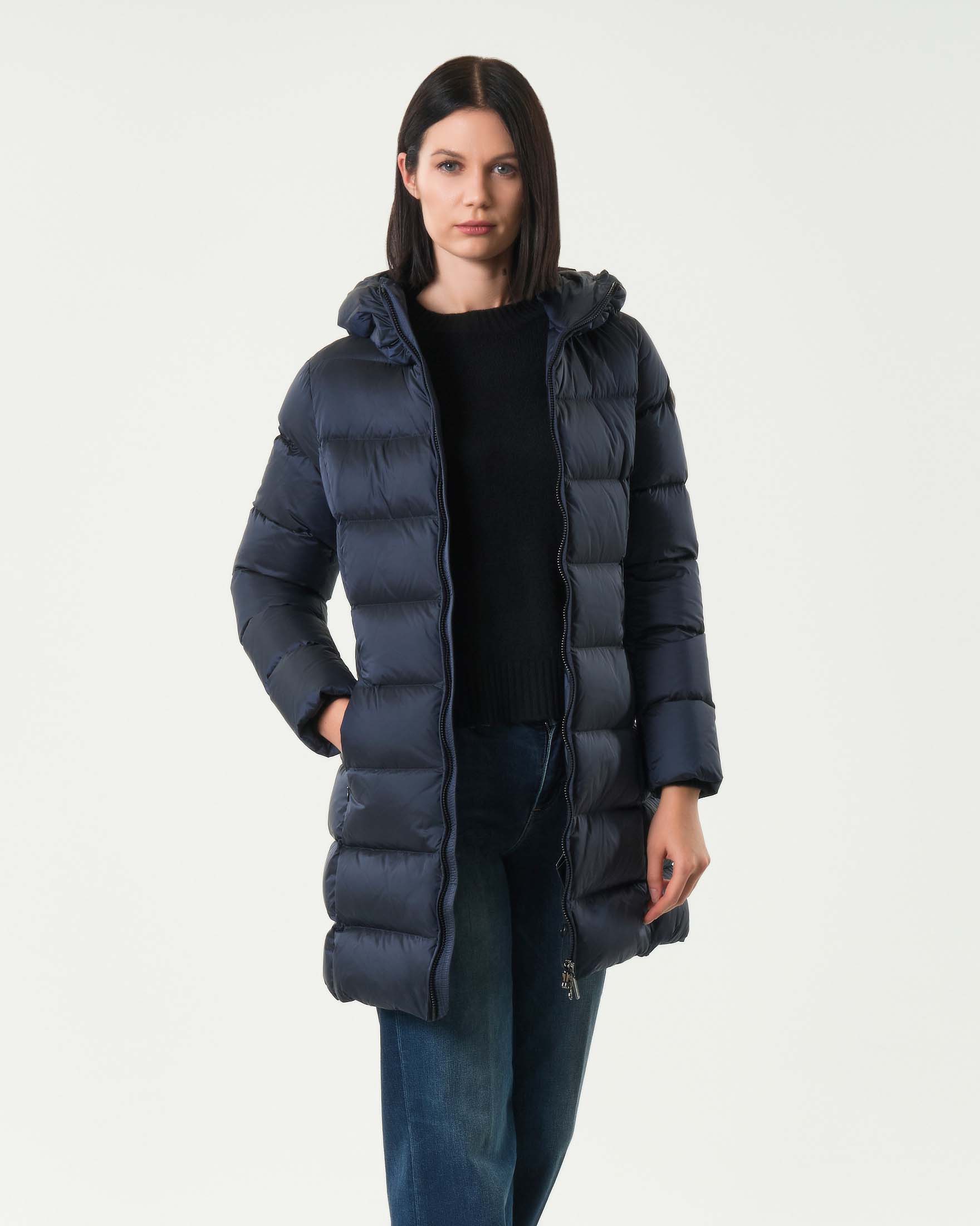 Piumino midi Colmar Originals blu imbottito in piuma naturale con cappuccio