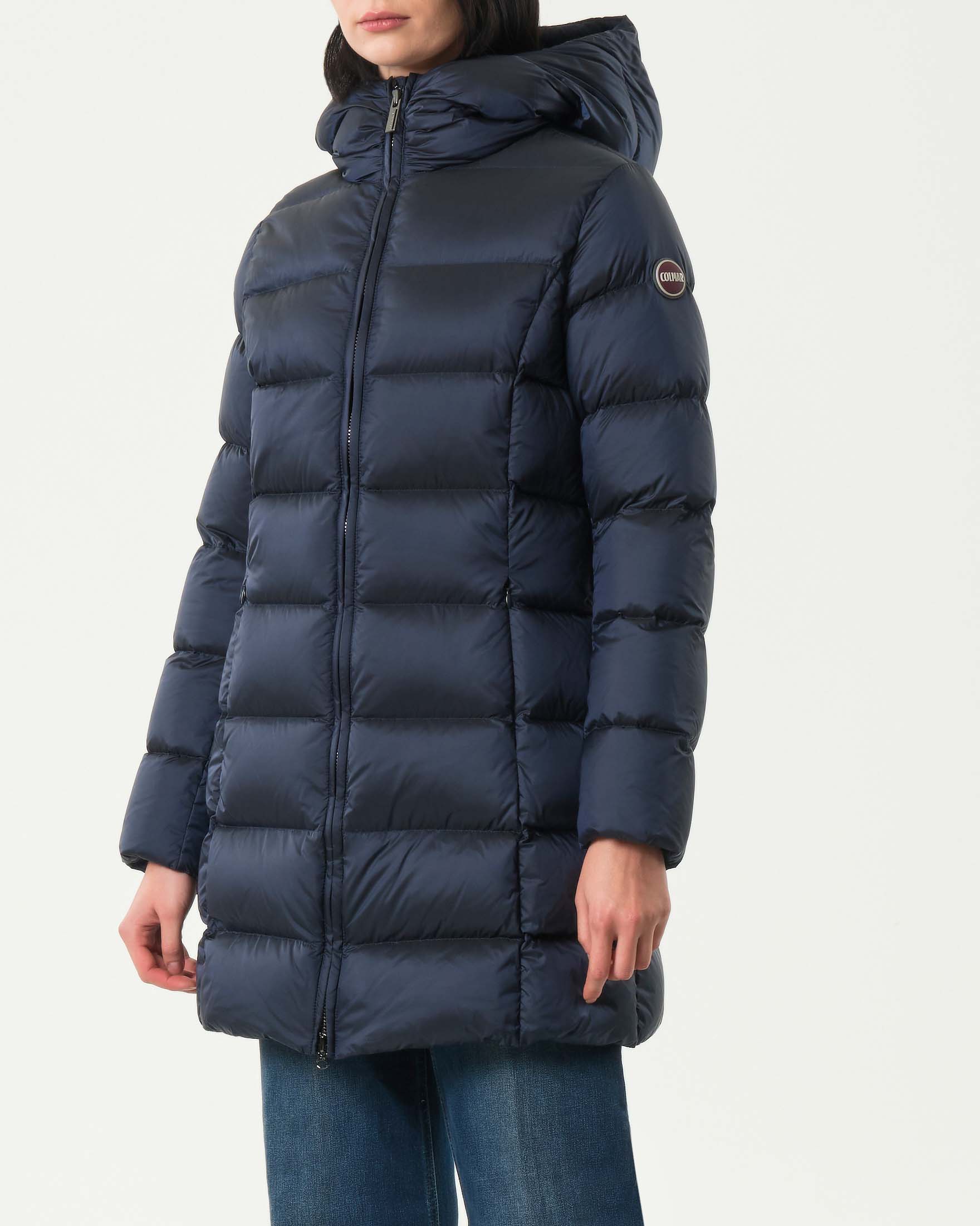 Piumino midi Colmar Originals blu imbottito in piuma naturale con cappuccio image