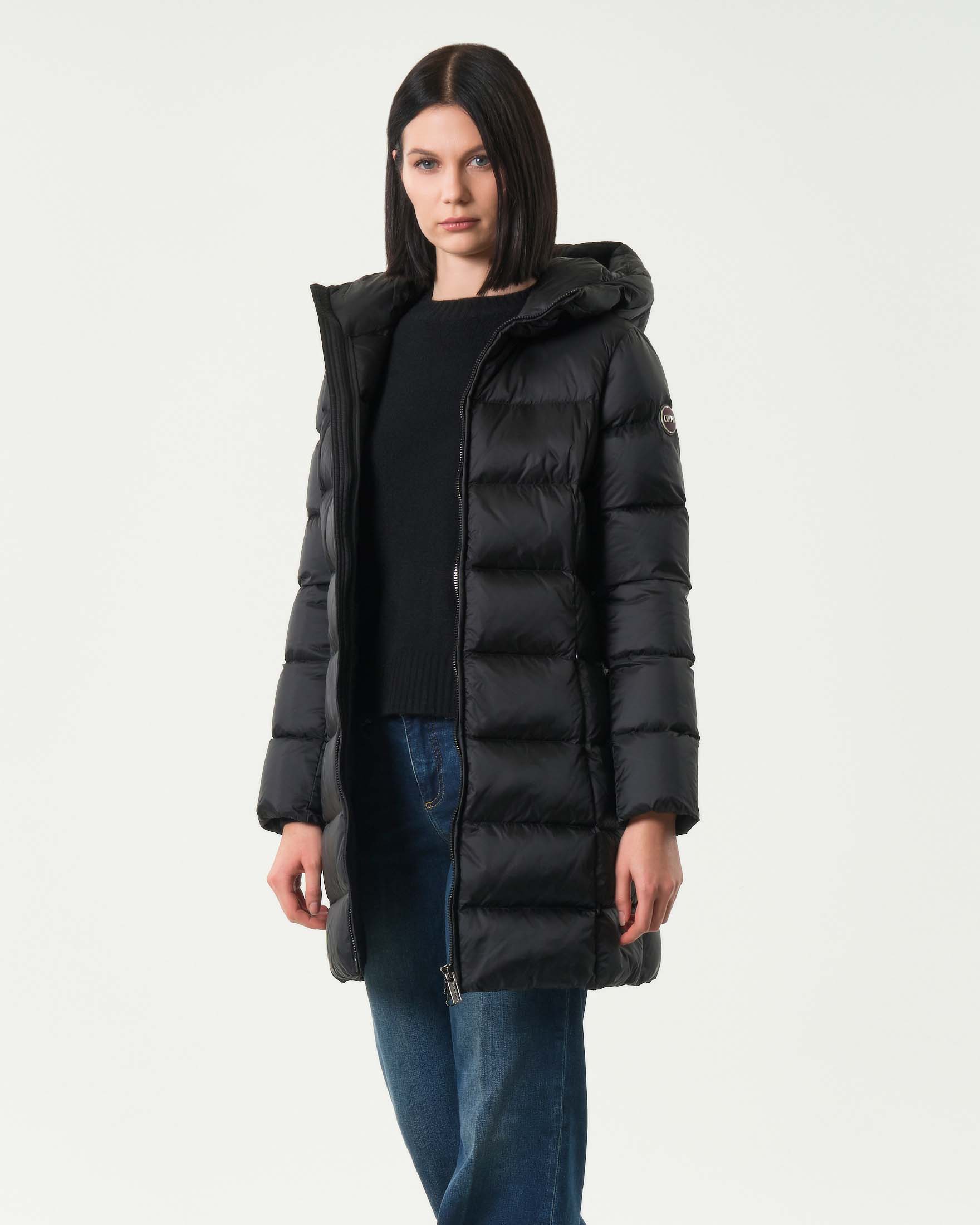 Piumino midi Colmar Originals nero imbottito in piuma naturale con cappuccio