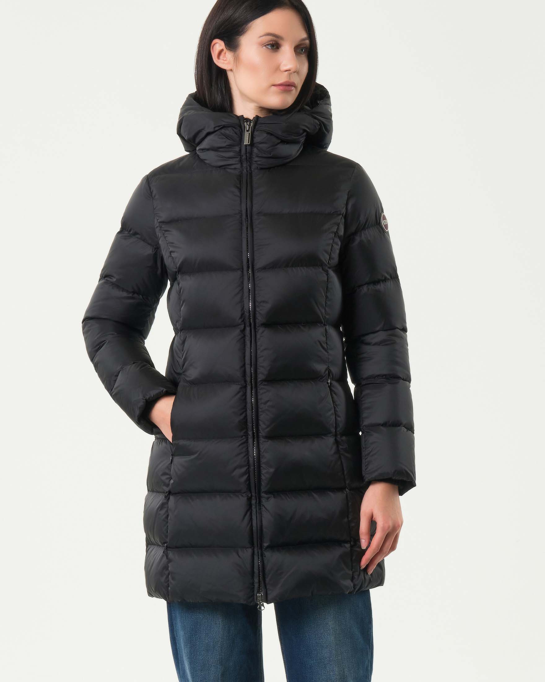 Piumino midi Colmar Originals nero imbottito in piuma naturale con cappuccio image