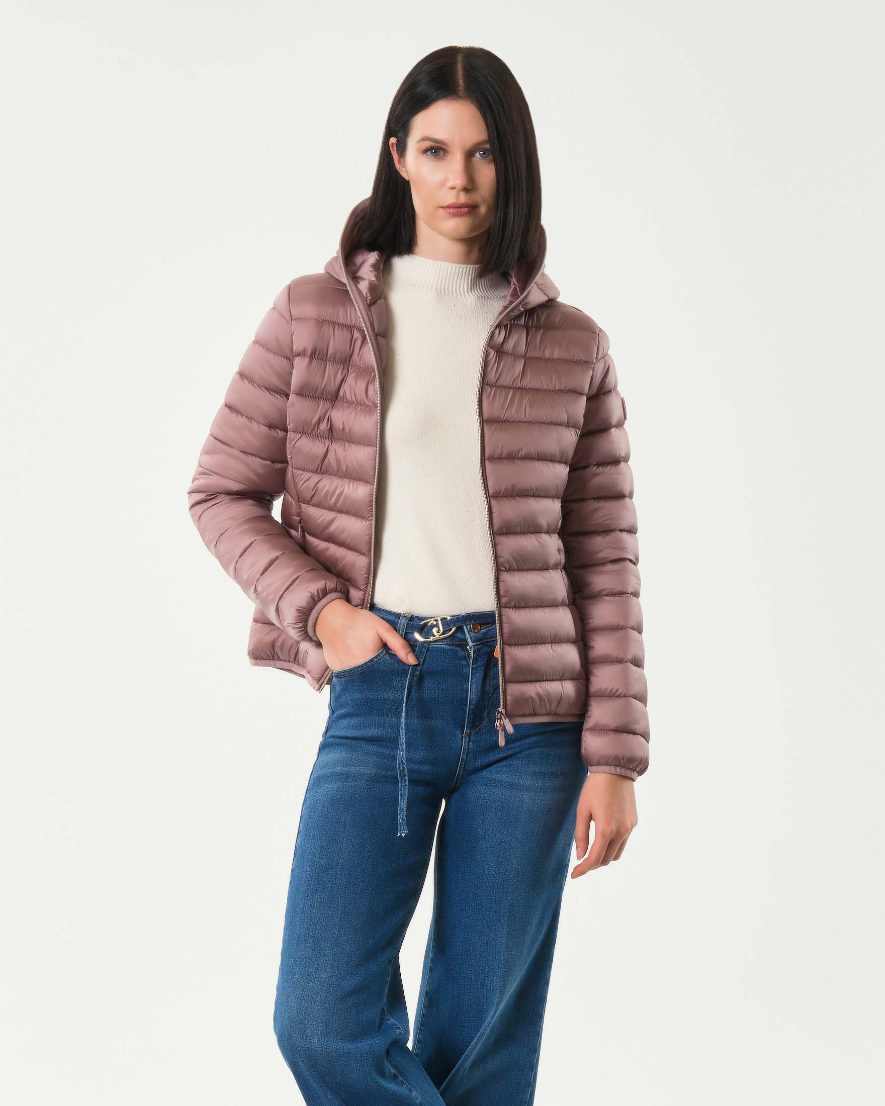 Piumino leggero rosa antico Save the duck modello Alexis in tessuto effetto raso con cappuccio fisso