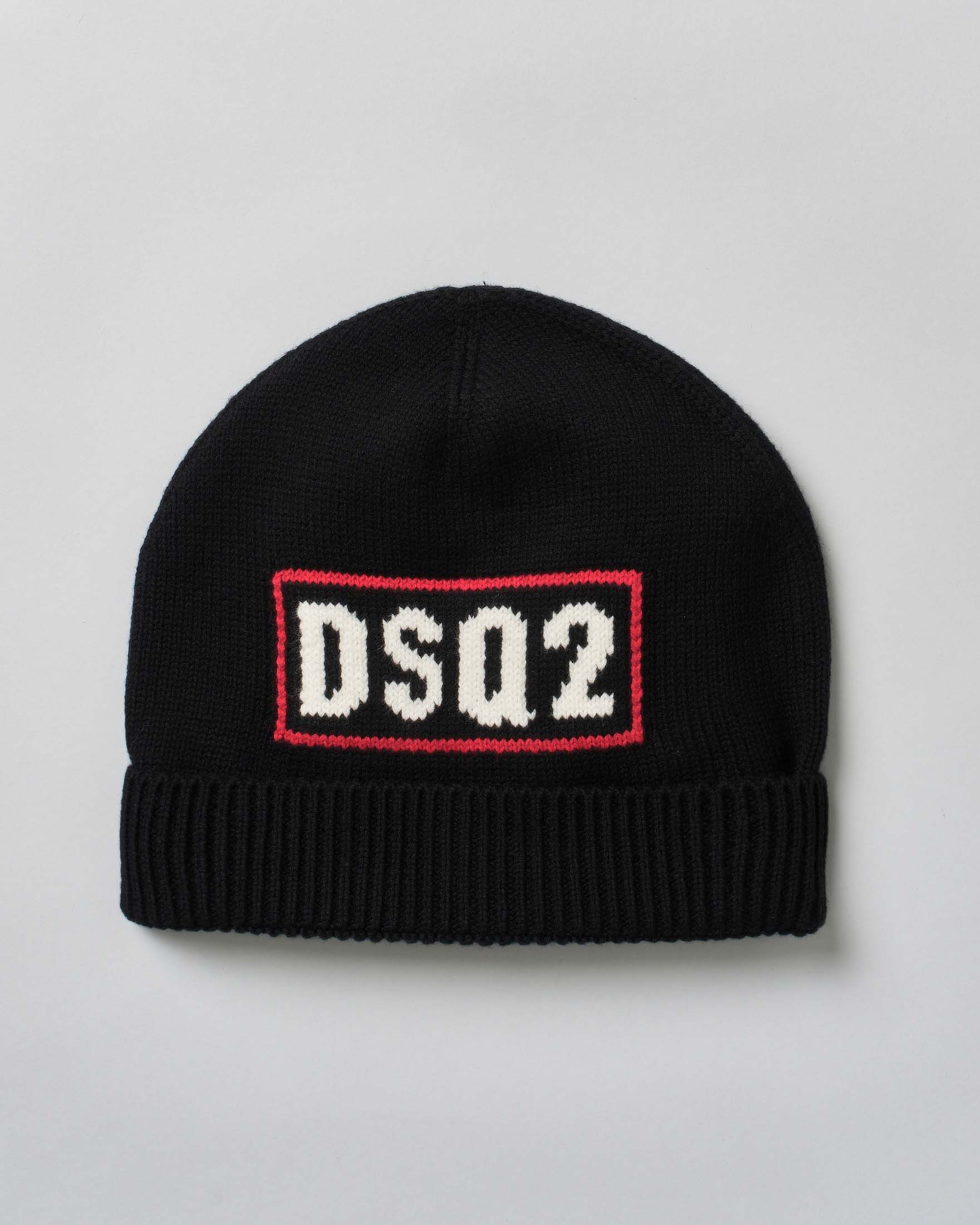 Berretto Dsquared2 nero a costine con risvolto e maxi logo jacquard bianco e rosso