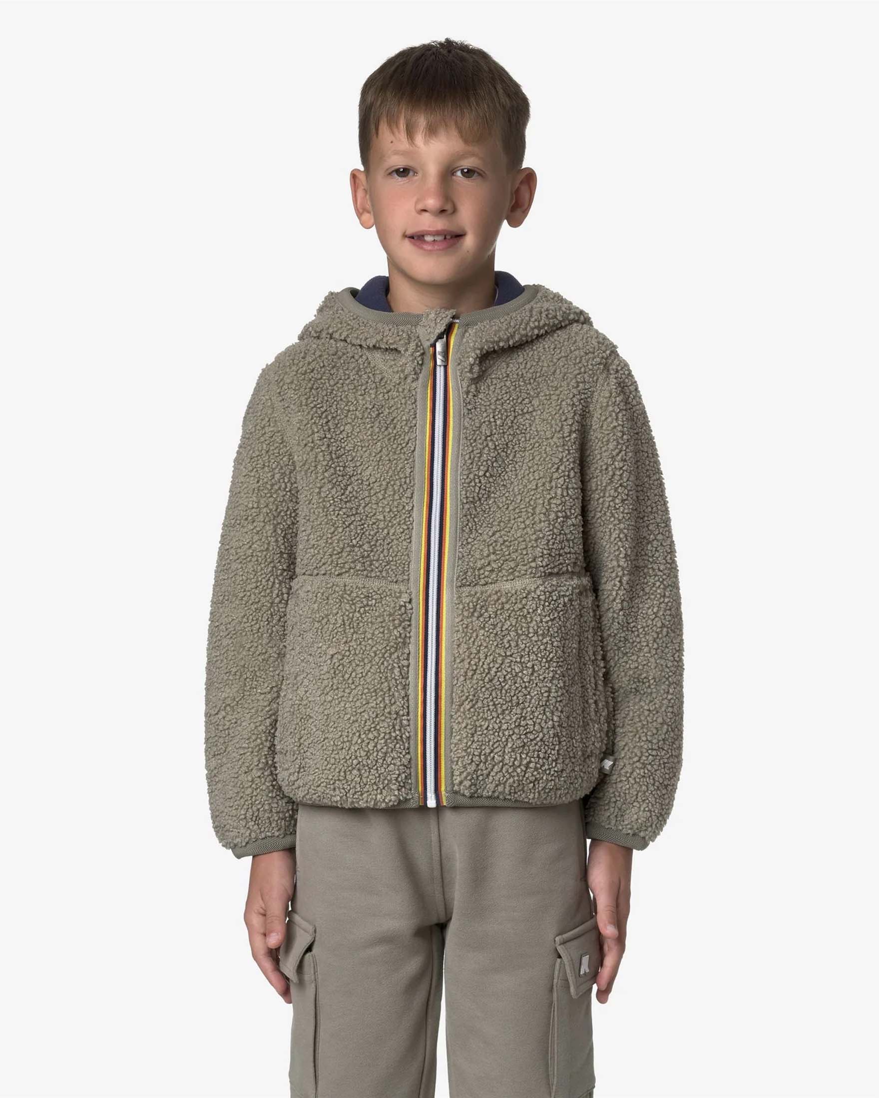 Giacca Jack K-way verde militare e blu reversibile in teddy e pile