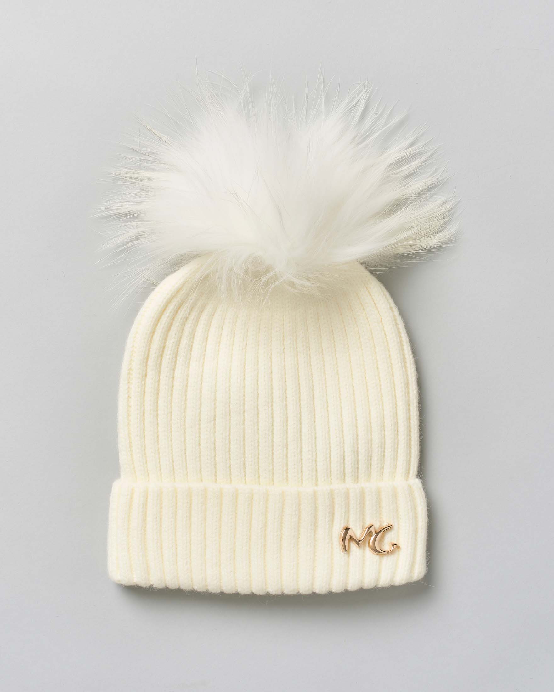 Berretto Manila Grace bianco a coste con pompon in pelliccia