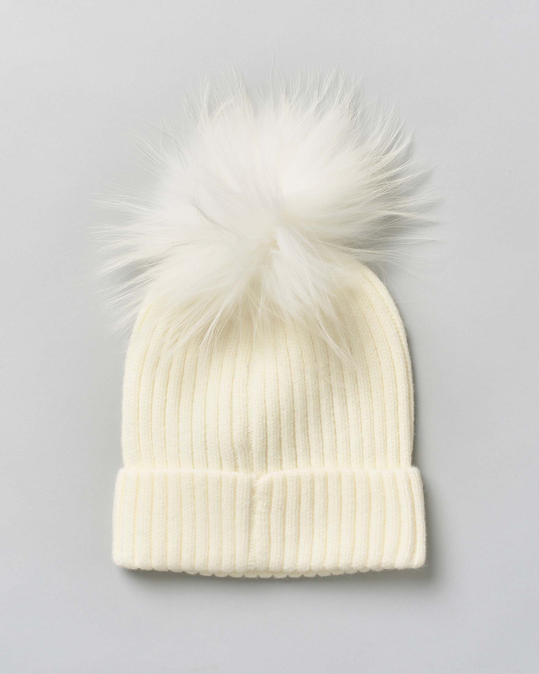 Berretto Manila Grace bianco a coste con pompon in pelliccia image