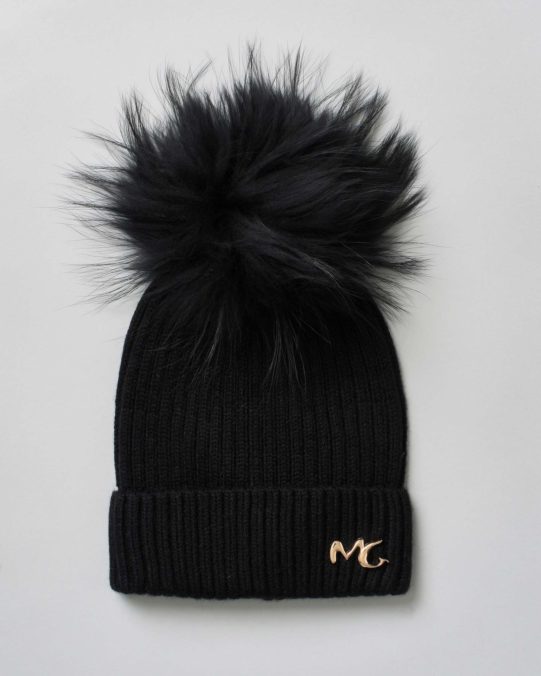 Berretto Manila Grace nero a coste con pompon in pelliccia